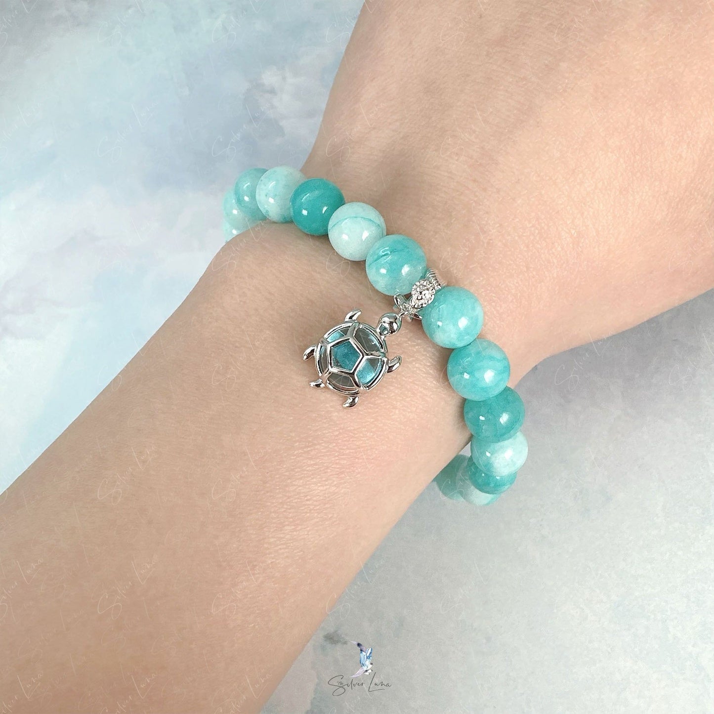 Sea turtle Amazonite jade stone beaded bracelet