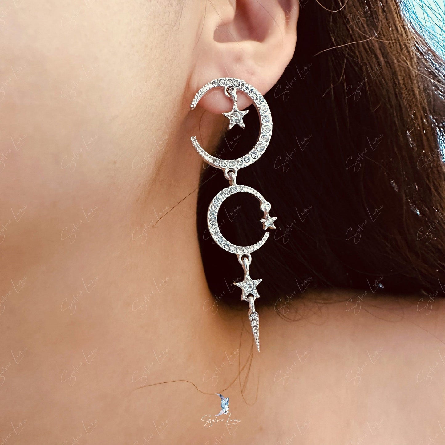 Moon and star dangle drop fashion earrings