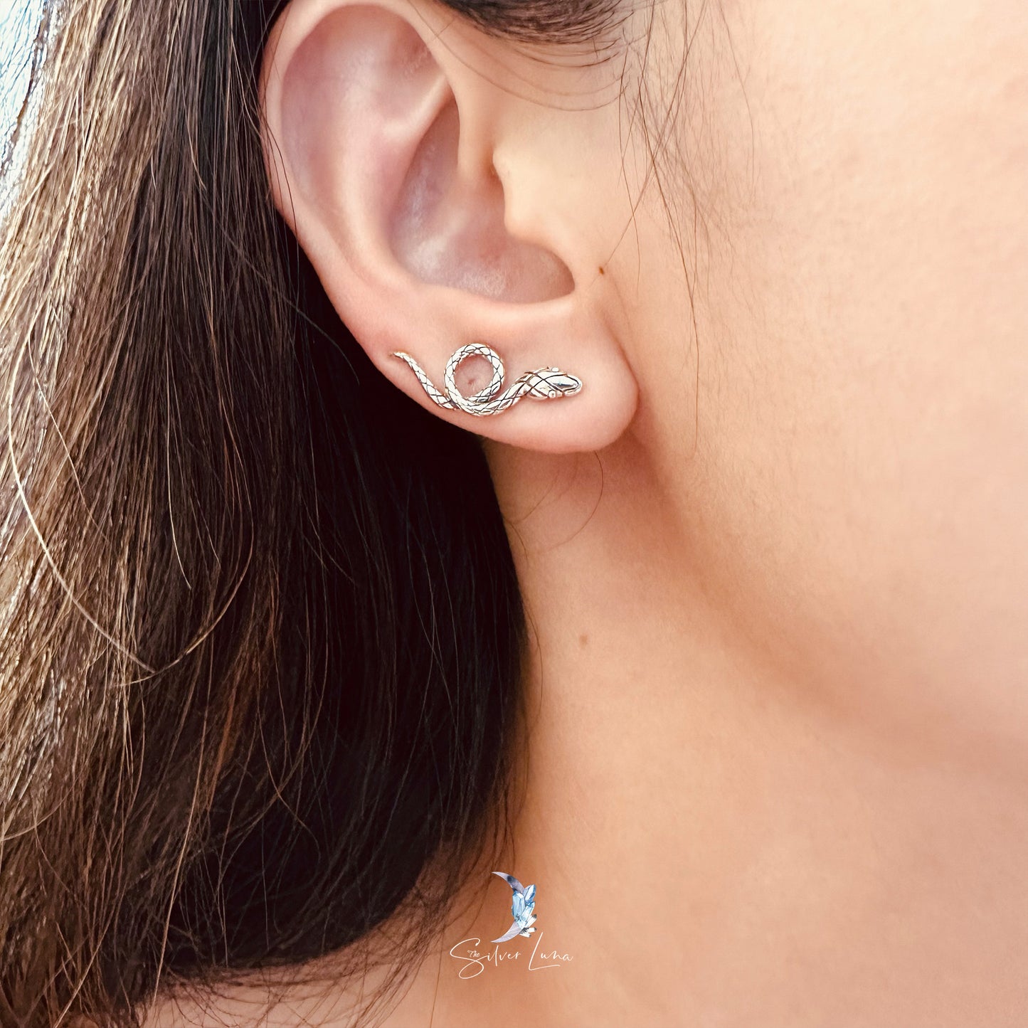 Silver snake ear climber earrings