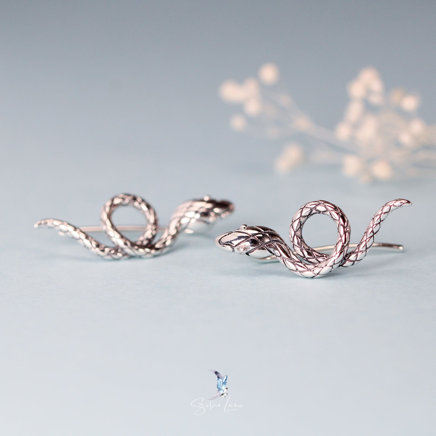 Silver snake ear climber earrings