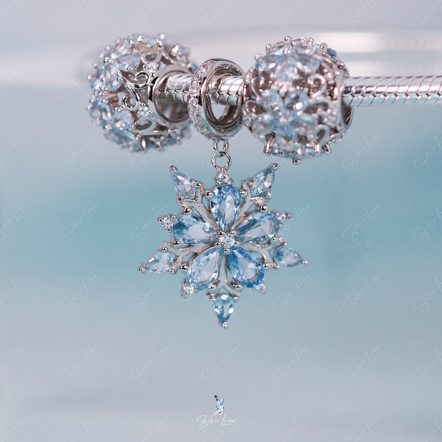 Set of 3 snowflake sterling silver charms for bracelet