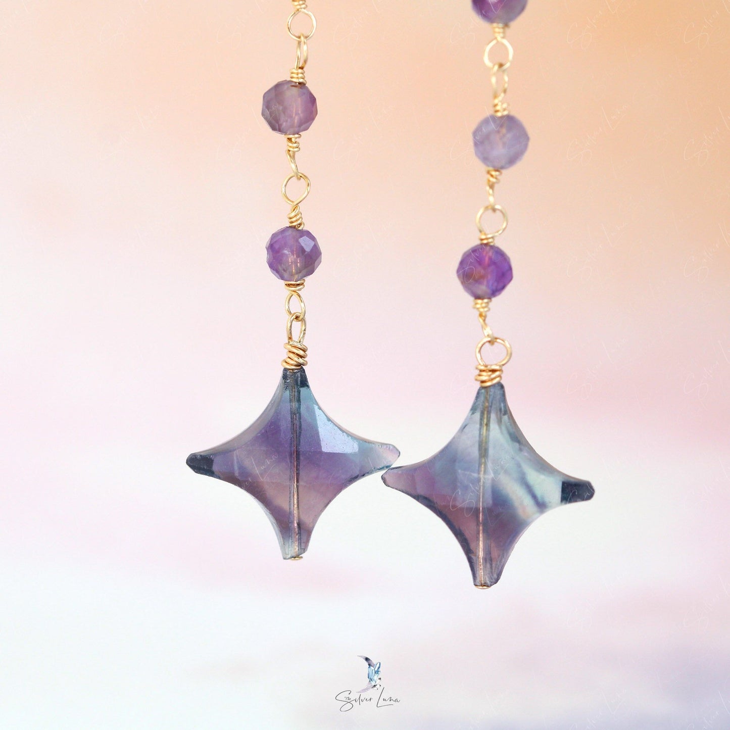 Fluorite star and amethyst beads dangle drop earrings