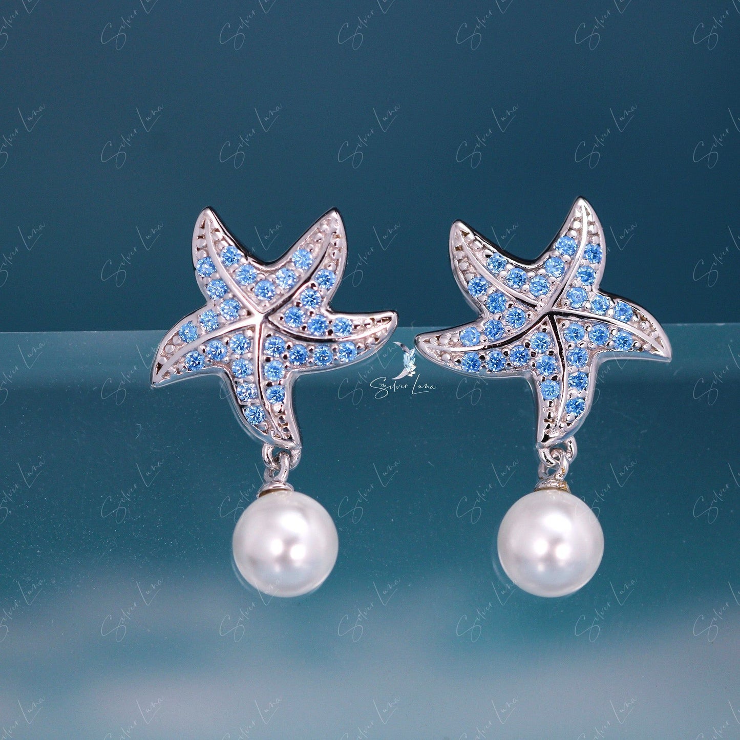 Blue starfish pearl drop sterling silver earrings