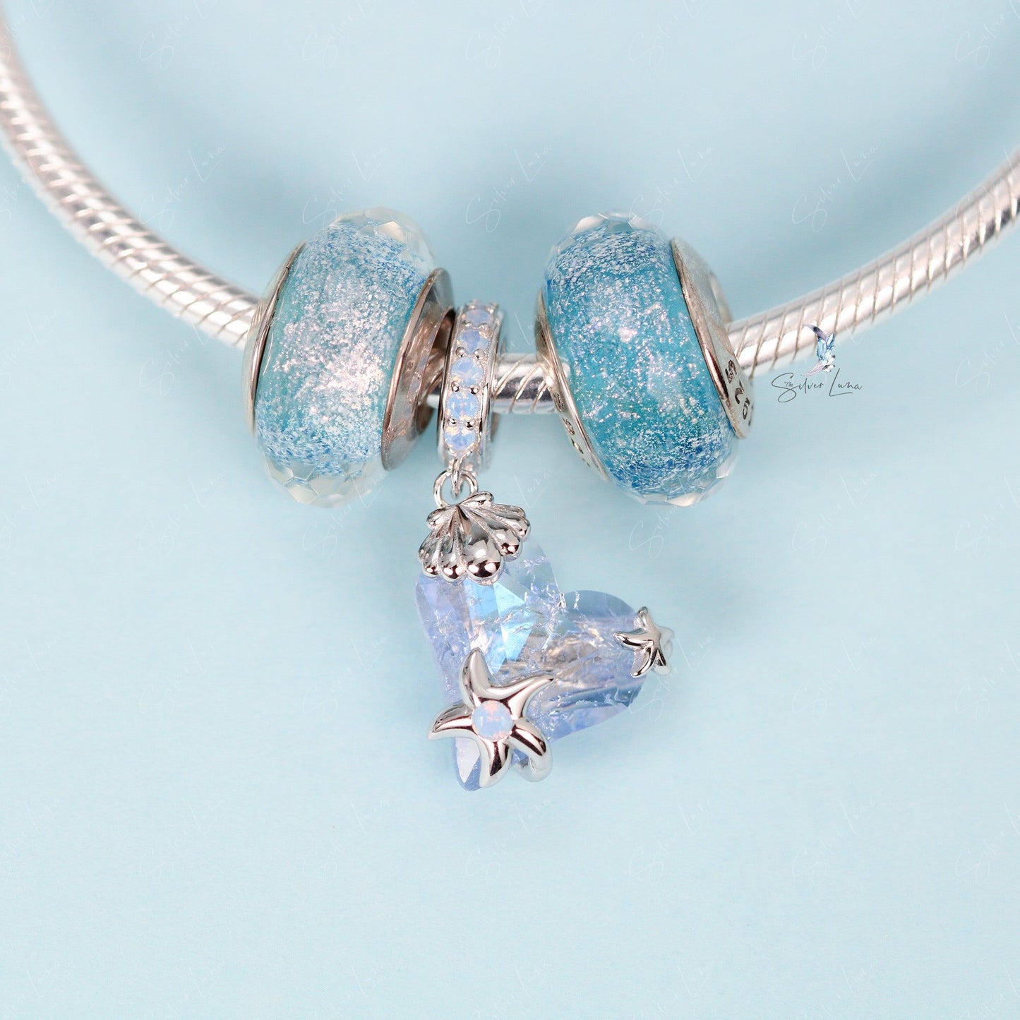 Blue crystal star fish pendant sterling silver charm