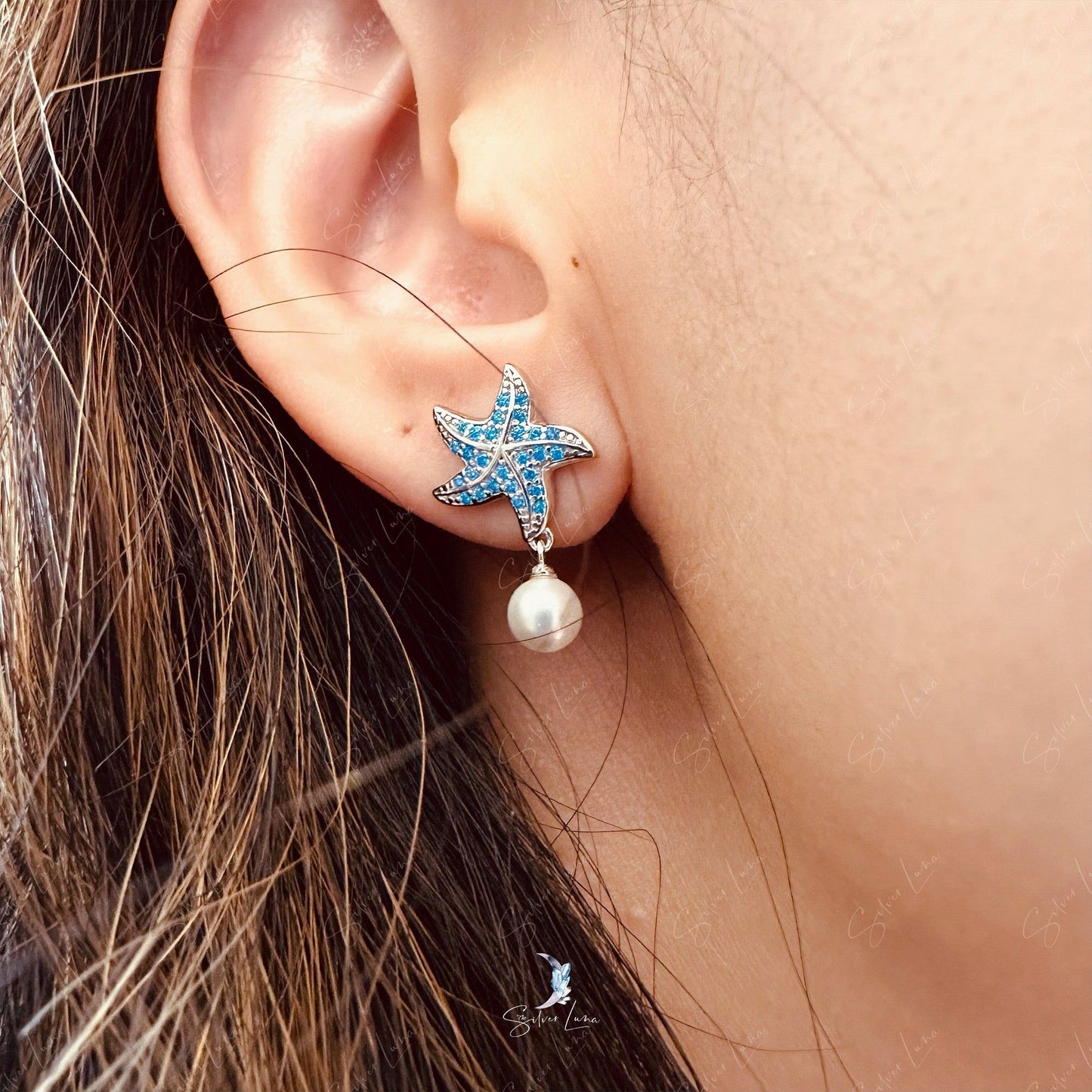 Blue starfish pearl drop sterling silver earrings