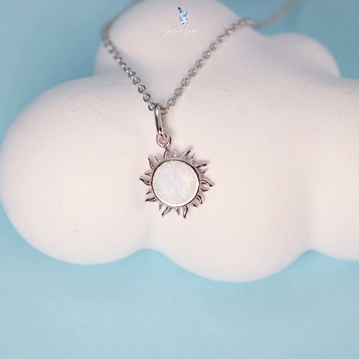 Opal sun pendant sterling silver necklace