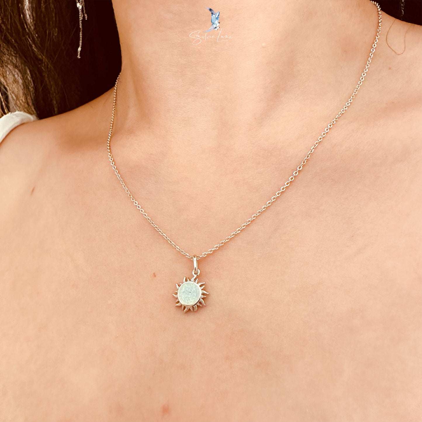 Opal sun pendant sterling silver necklace