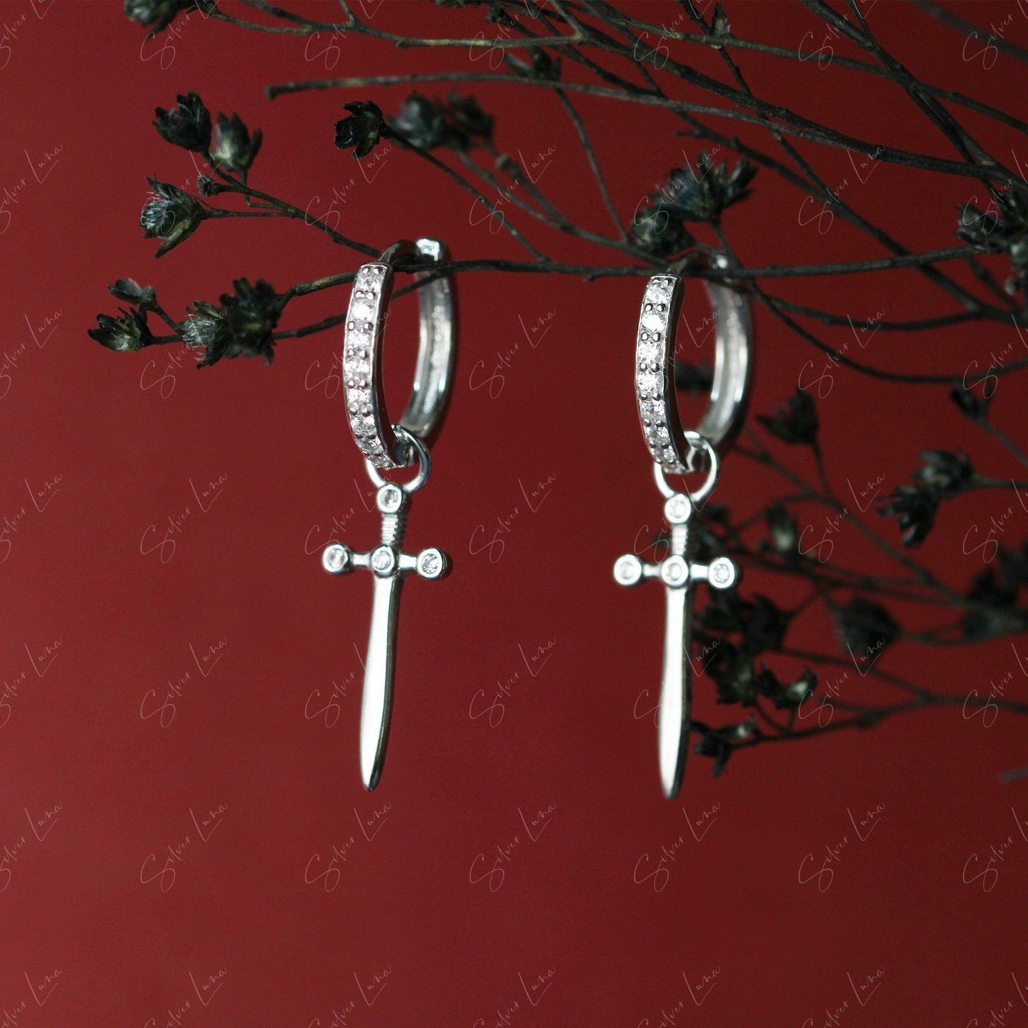 Dangle Sword Sterling Silver Hoop Earrings Silver