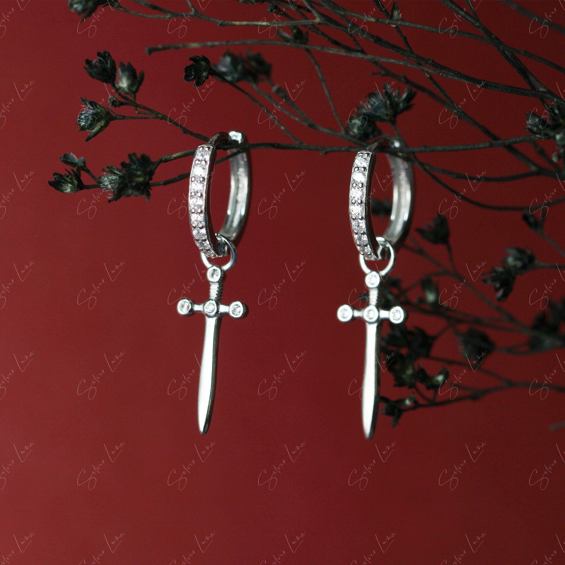 Dangle Sword Sterling Silver Hoop Earrings Silver