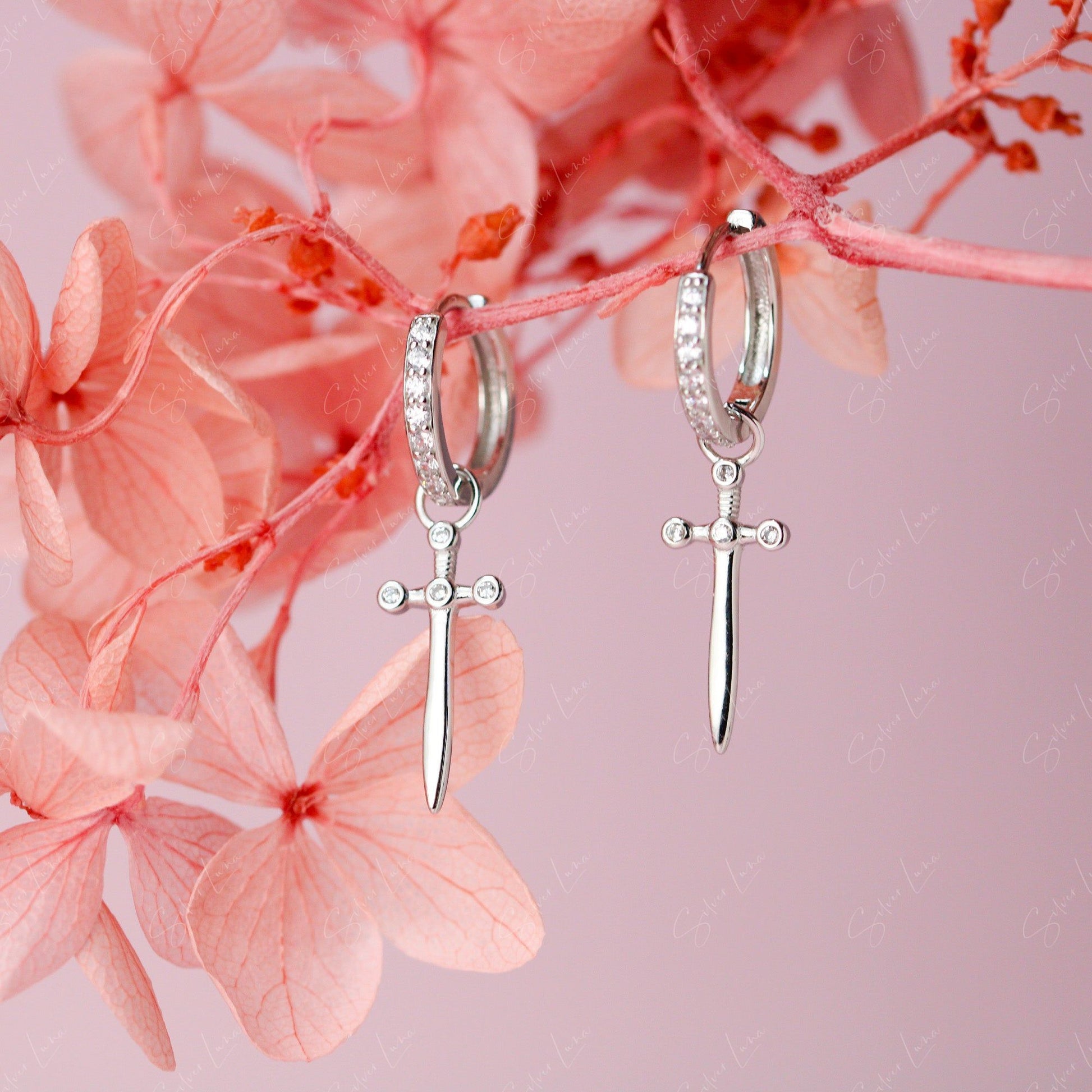 Dangle Sword Sterling Silver Hoop Earrings
