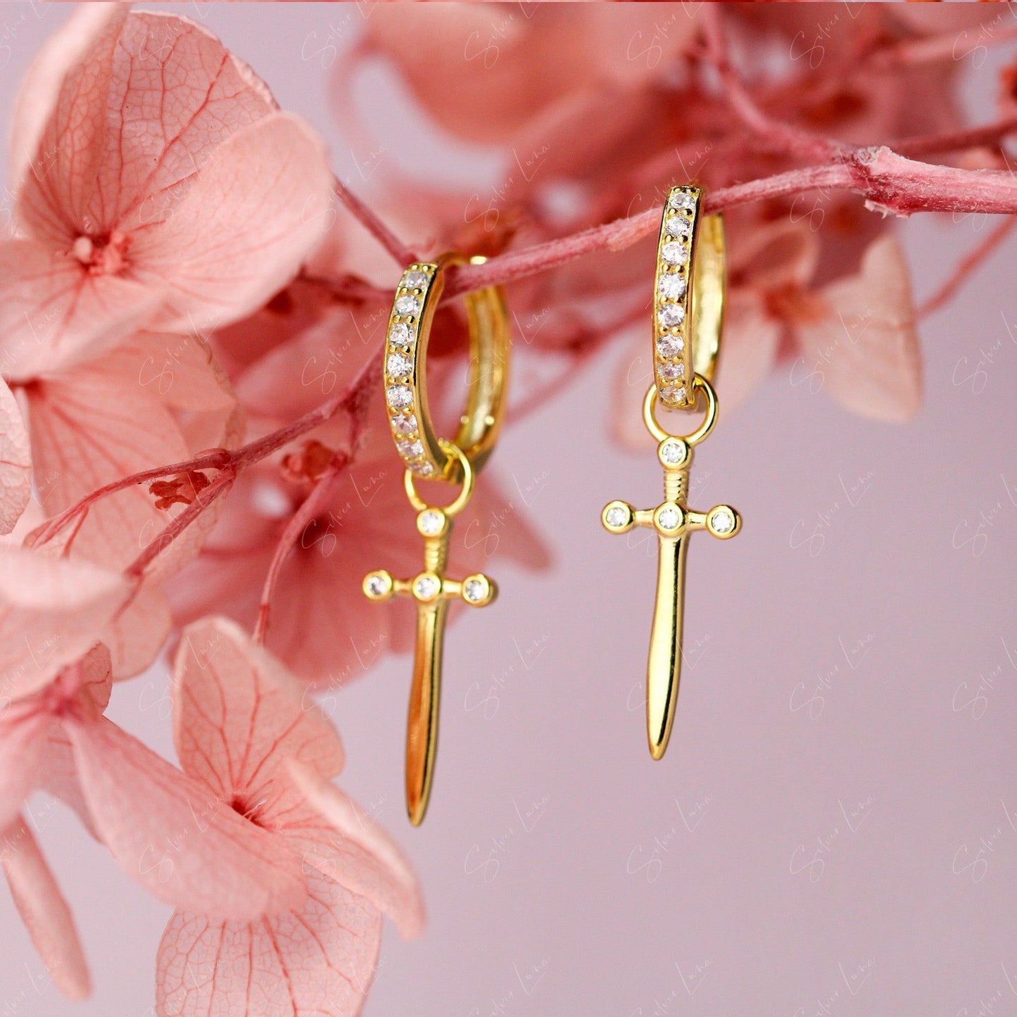 Dangle Sword Sterling Silver Hoop Earrings Gold