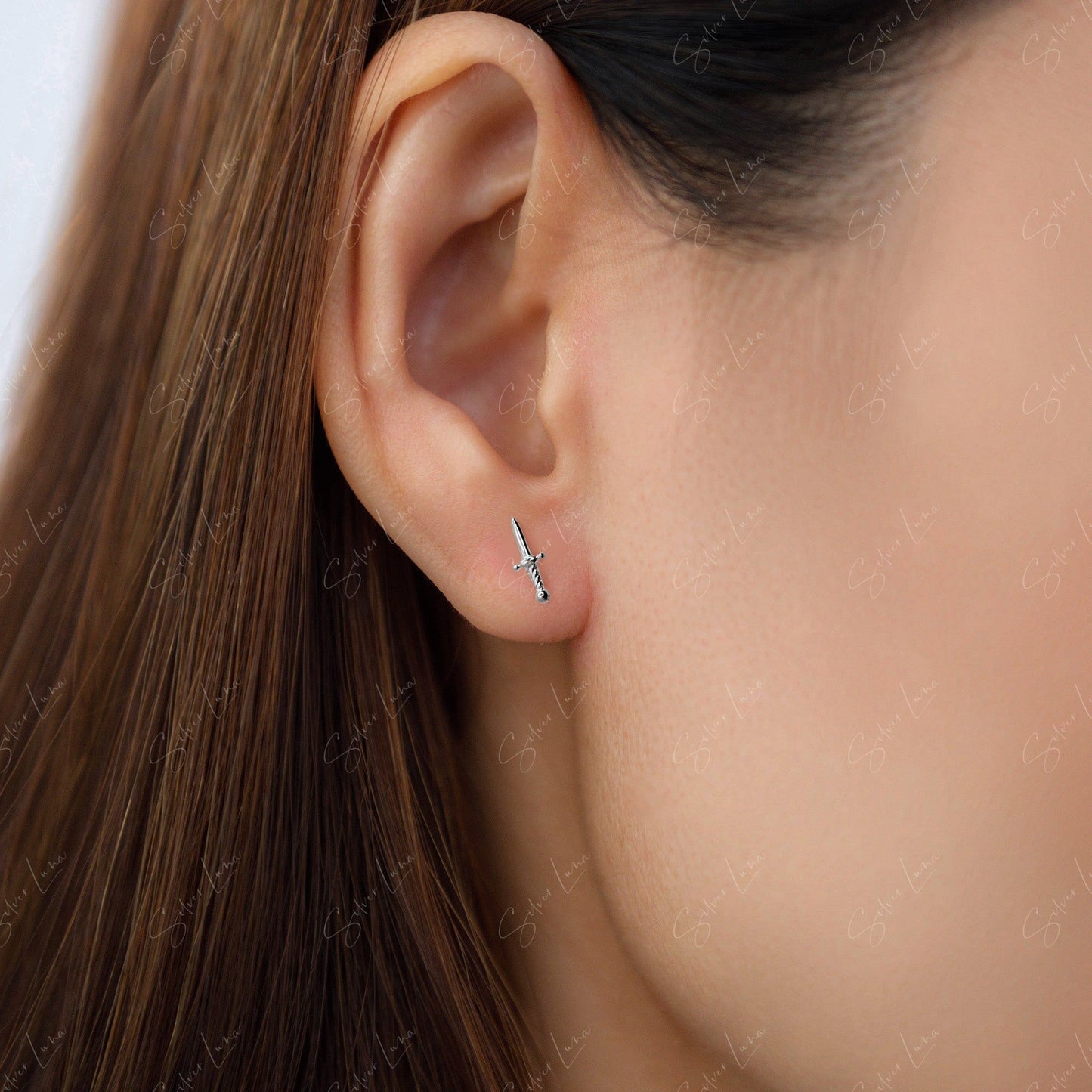 Tiny sword dagger sterling silver stud earrings