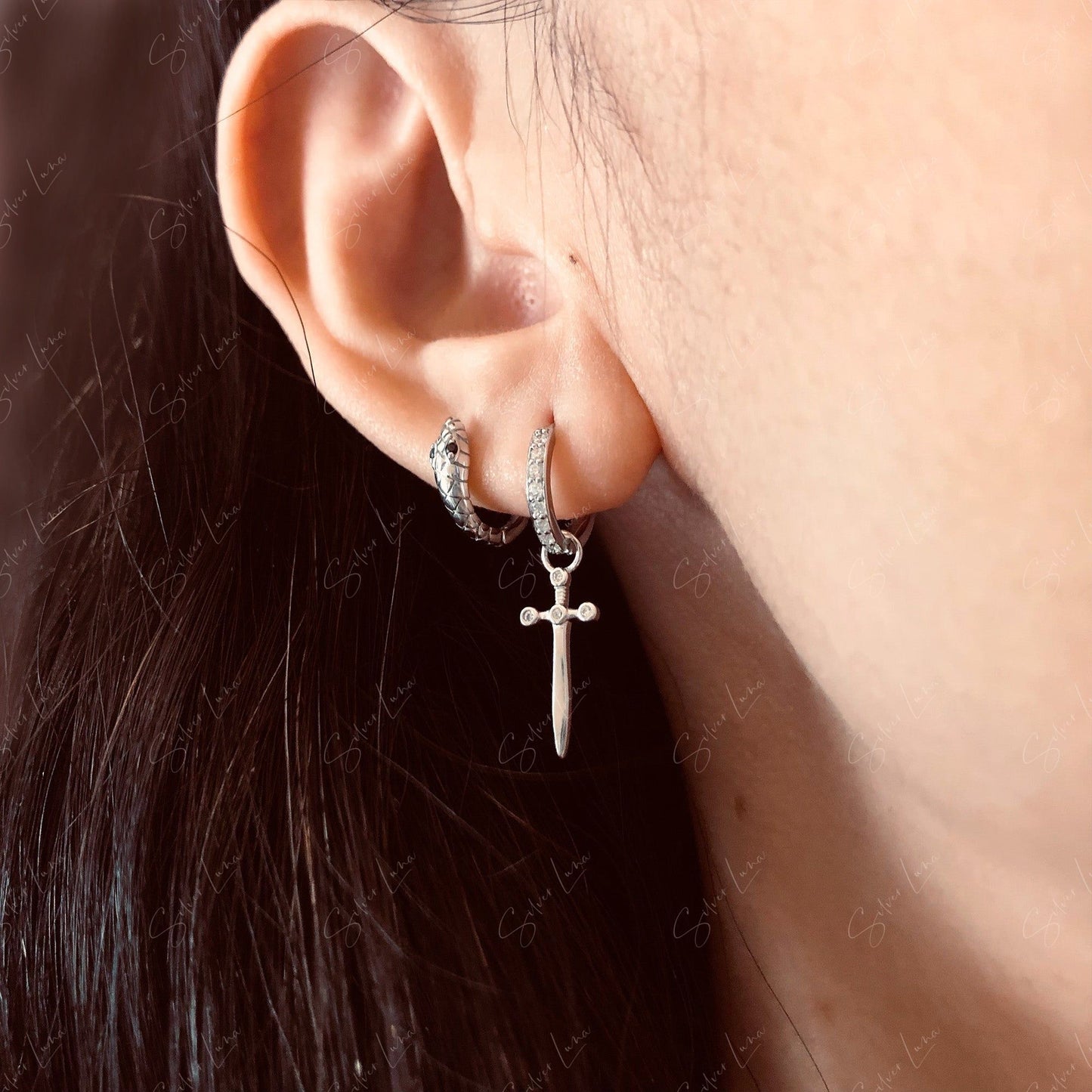 Dangle Sword Sterling Silver Hoop Earrings