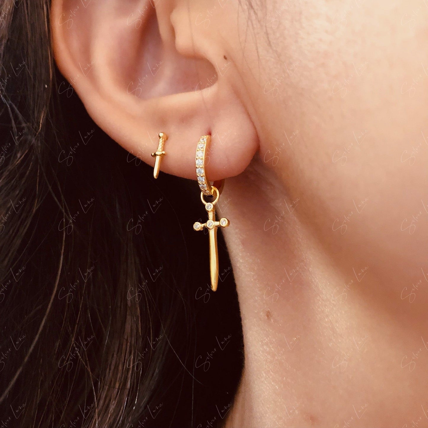Dangle Sword Sterling Silver Hoop Earrings