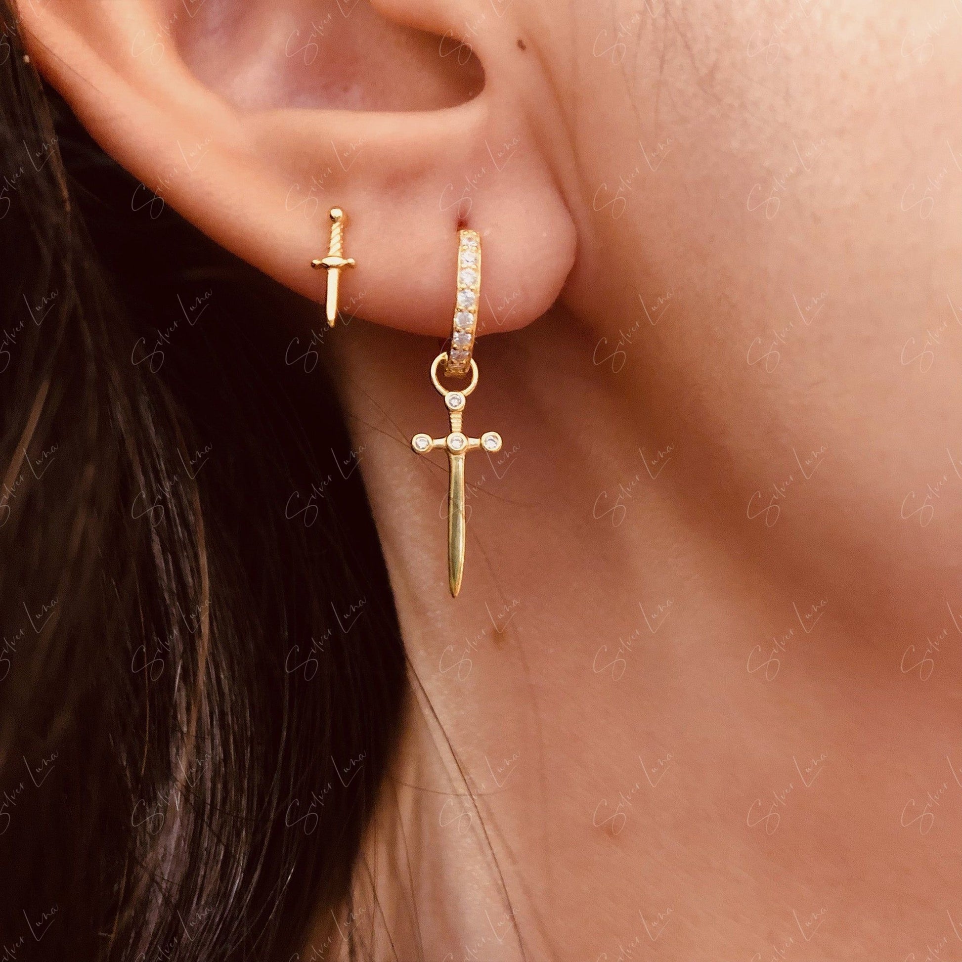 Dangle Sword Sterling Silver Hoop Earrings