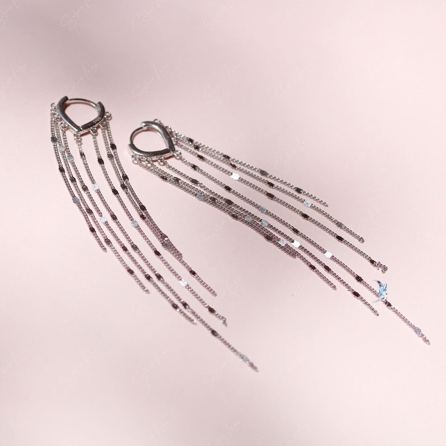 Sparkling long silver chains hoop earrings
