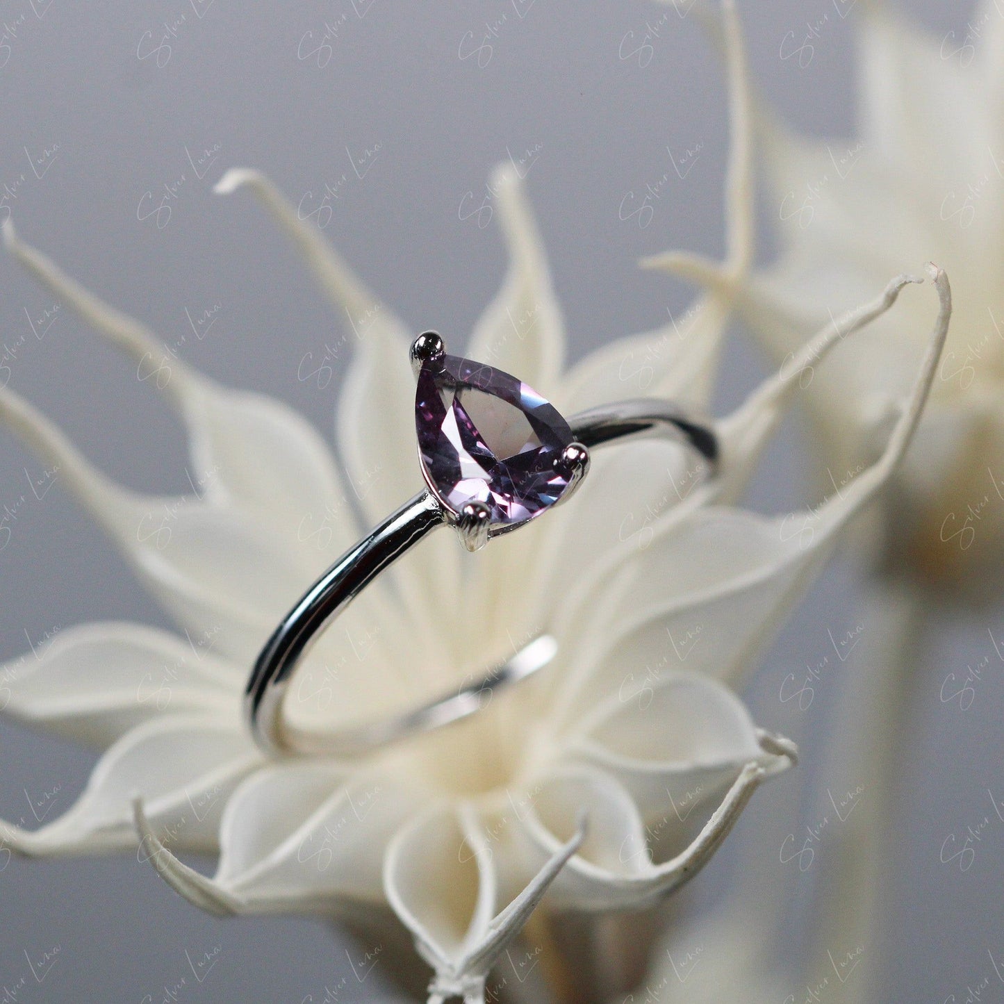 teardrop Alexandrite stackable silver ring