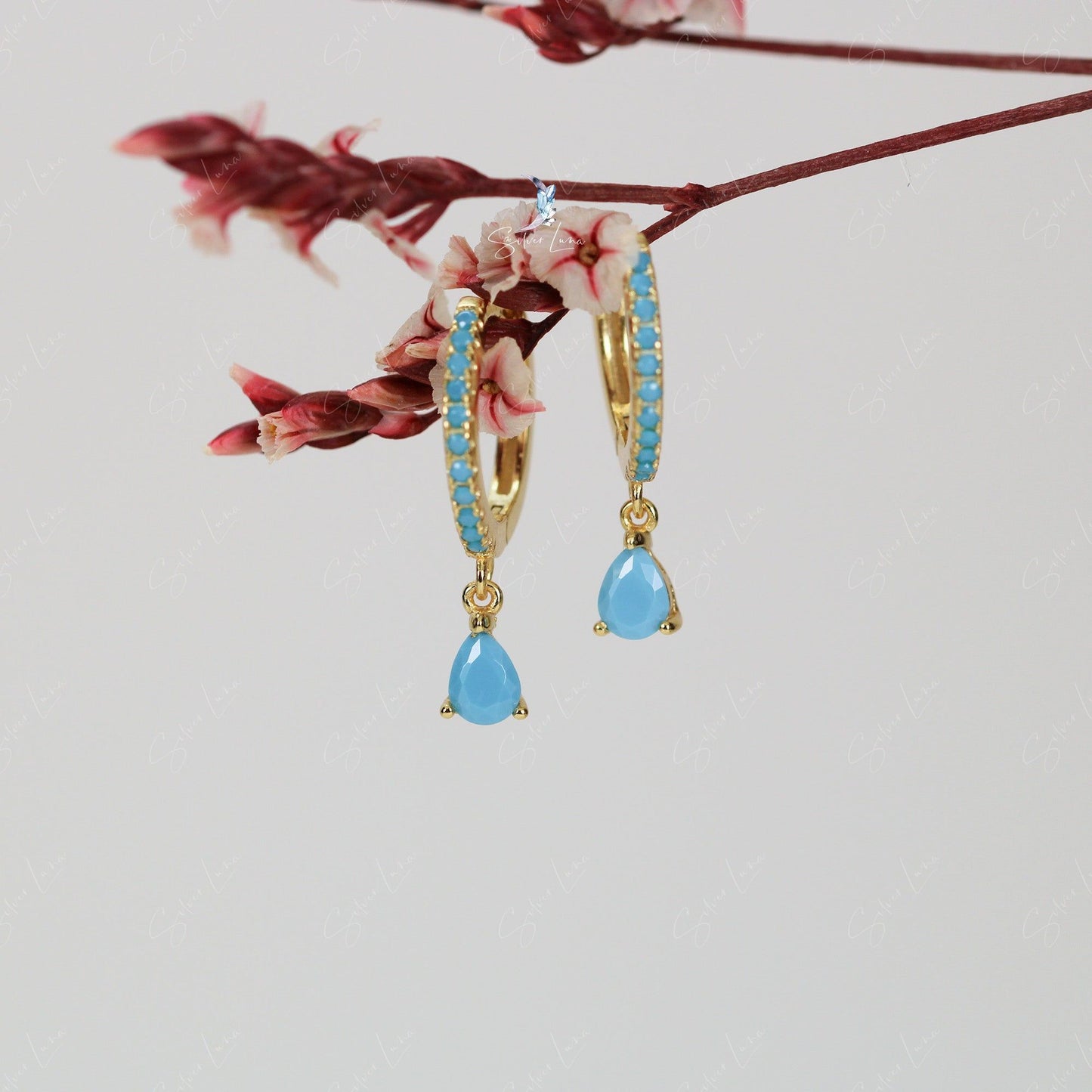 blue stone teardrop hoop earrings