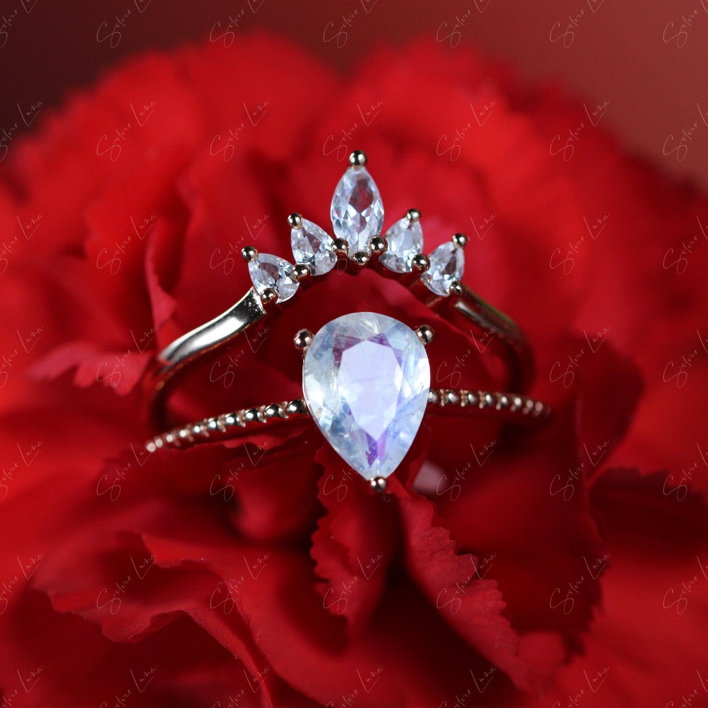 teardrop moonstone engagement wedding ring set
