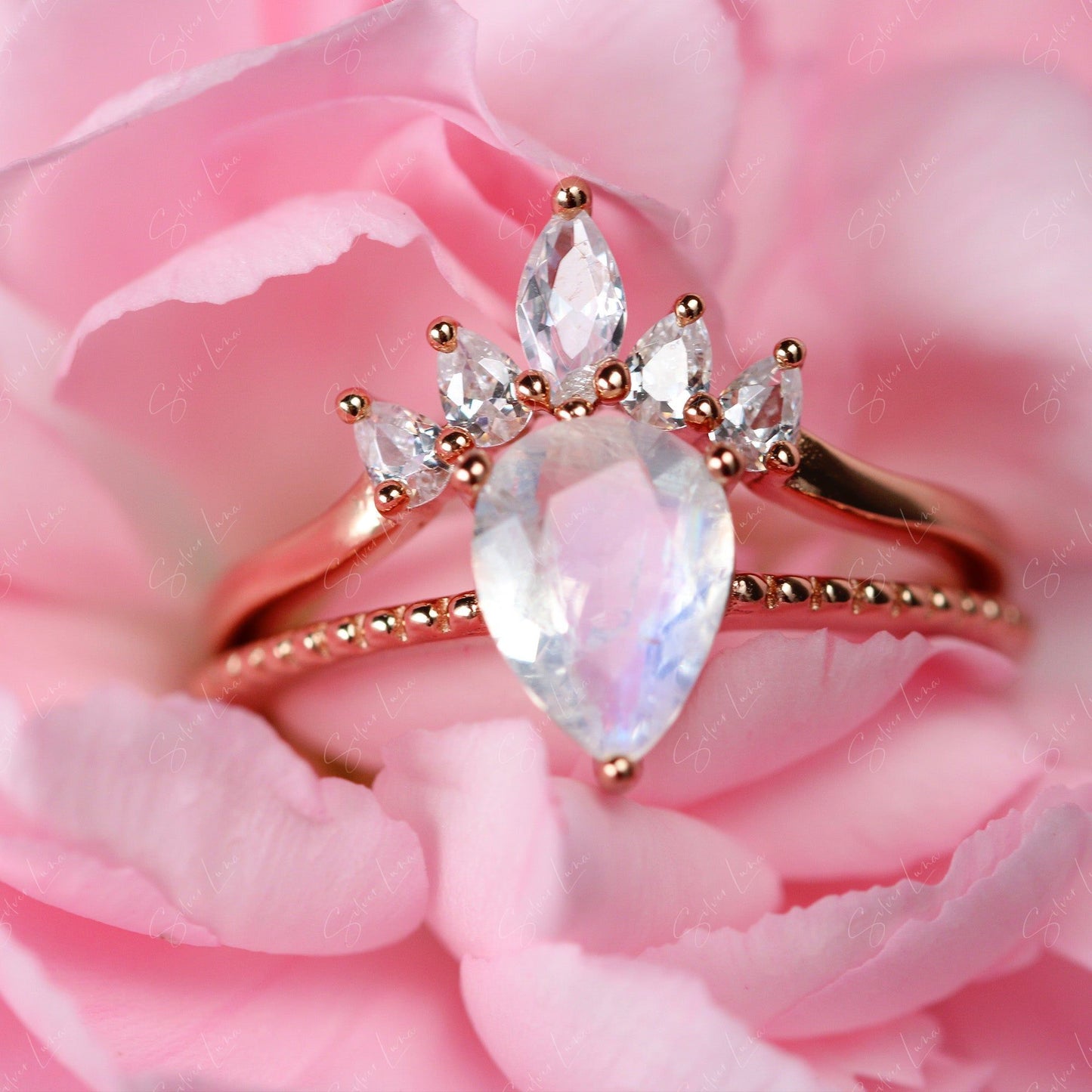 teardrop moonstone engagement wedding ring set