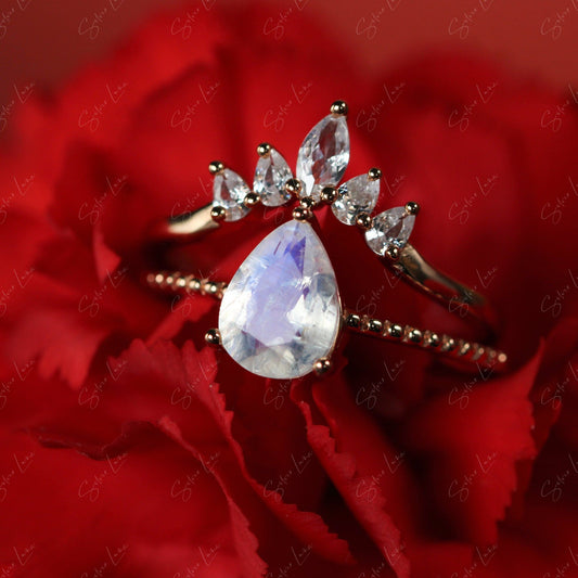teardrop moonstone engagement wedding ring set
