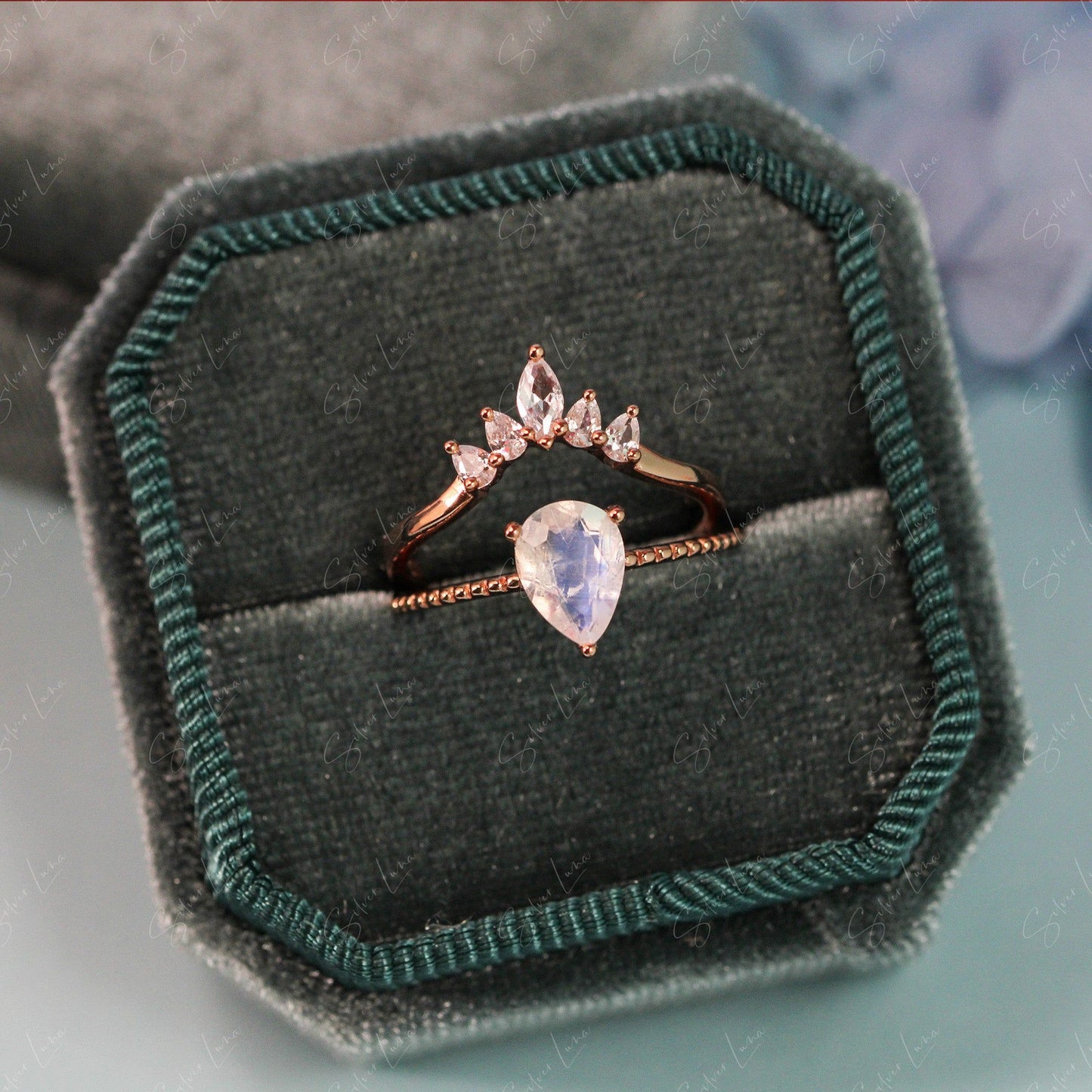 teardrop moonstone engagement wedding ring set