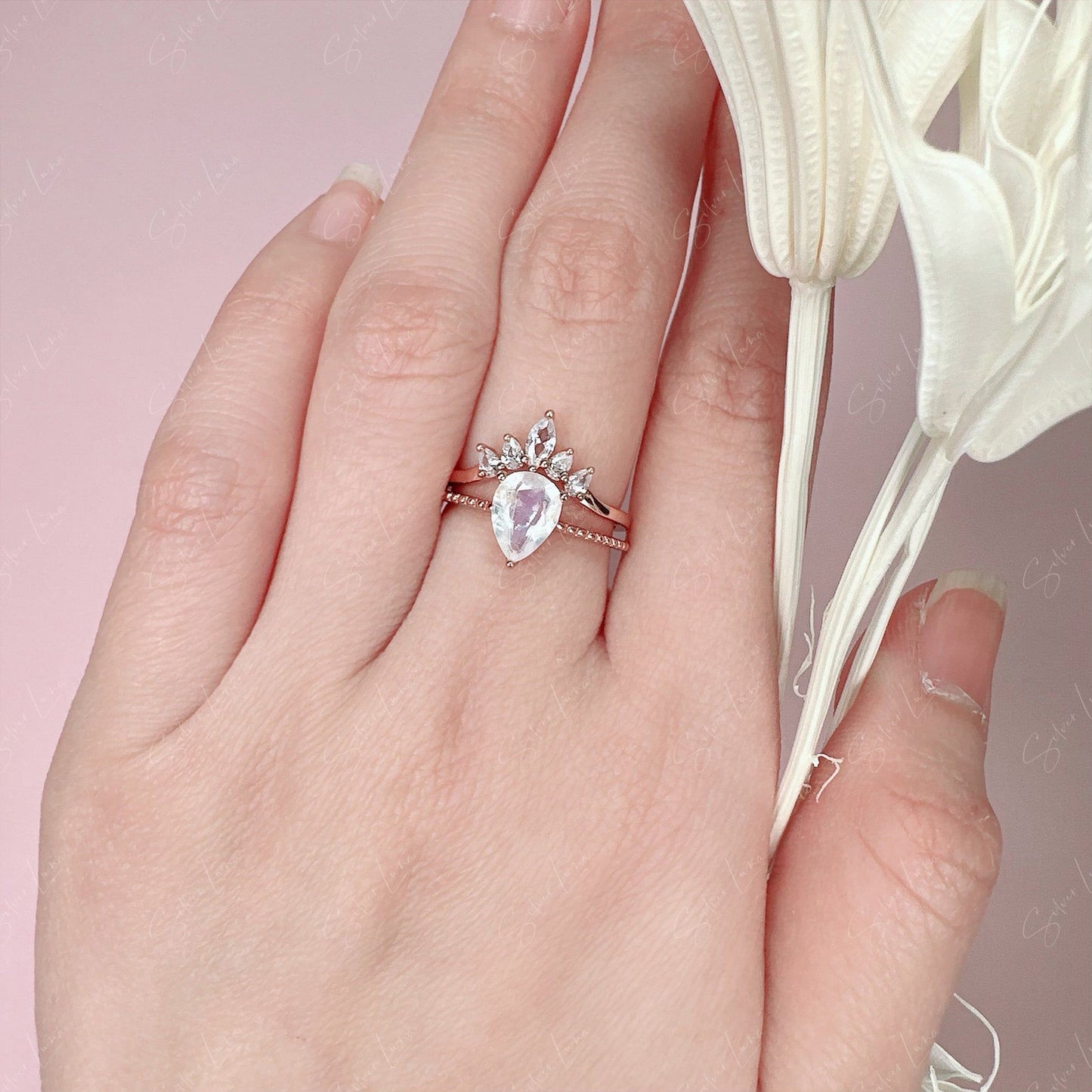teardrop moonstone engagement wedding ring set