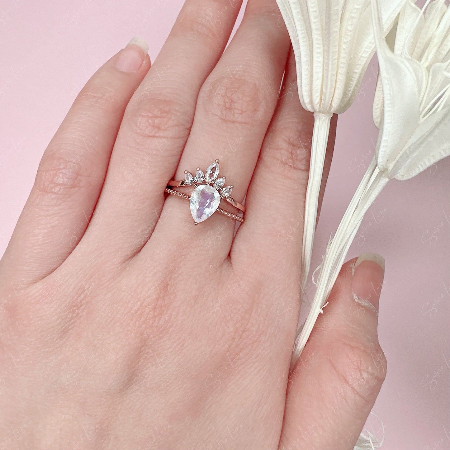 teardrop moonstone engagement wedding ring set