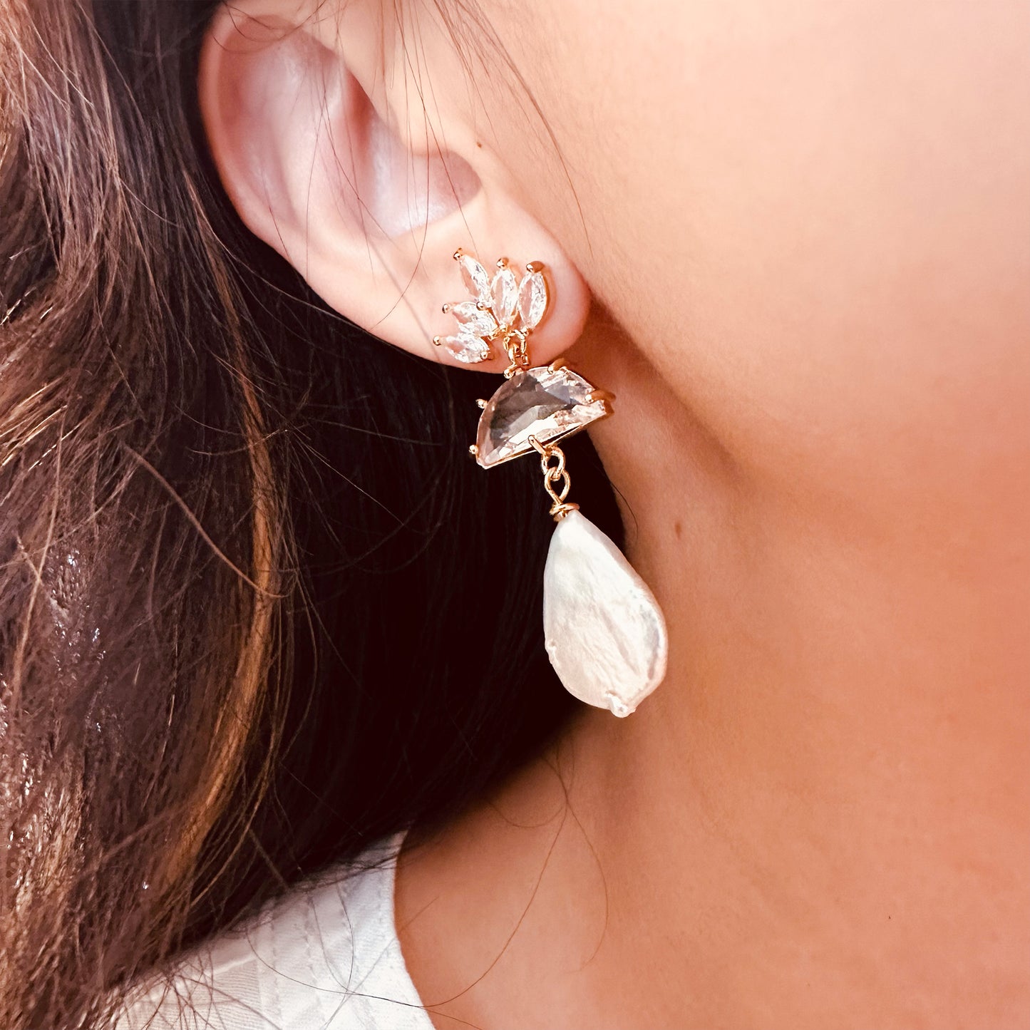 pearl drop lotus flower bridal earrings