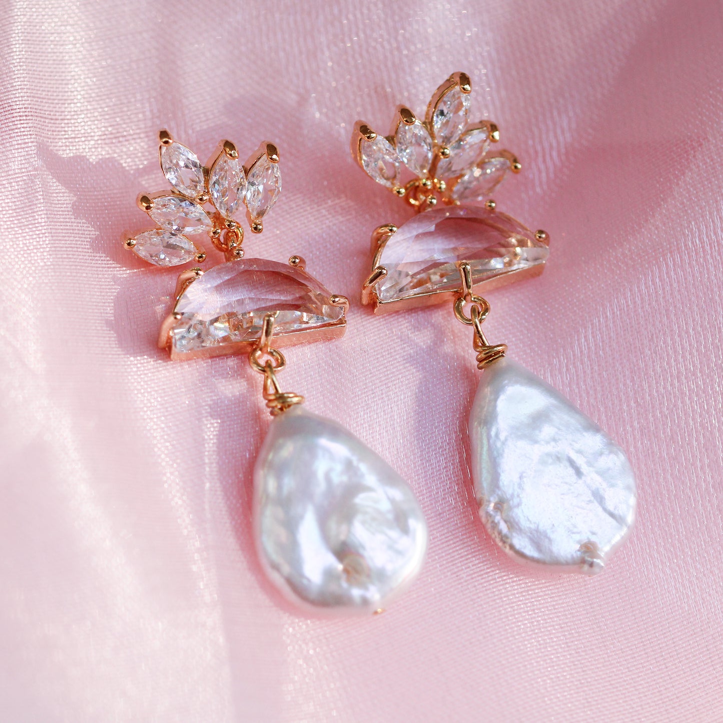 pearl drop lotus flower bridal earrings