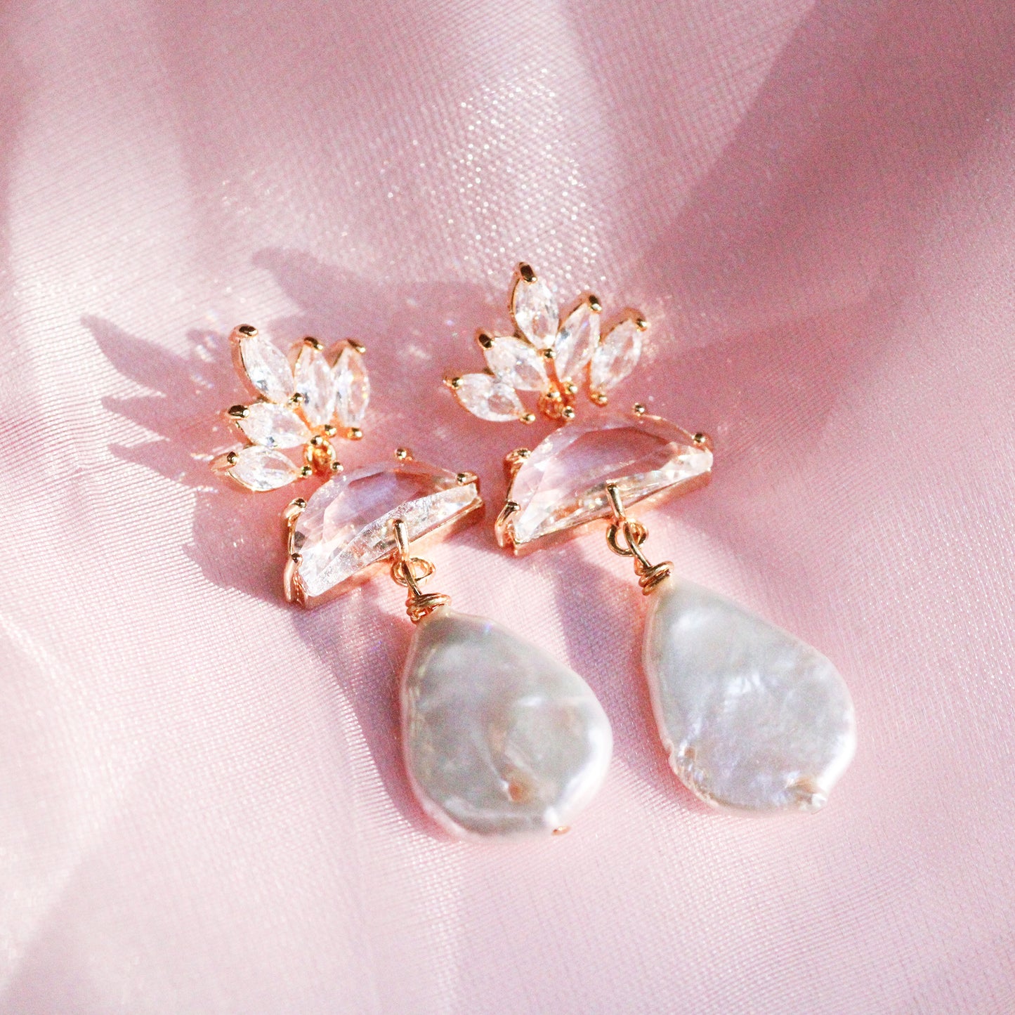 pearl drop lotus flower bridal earrings
