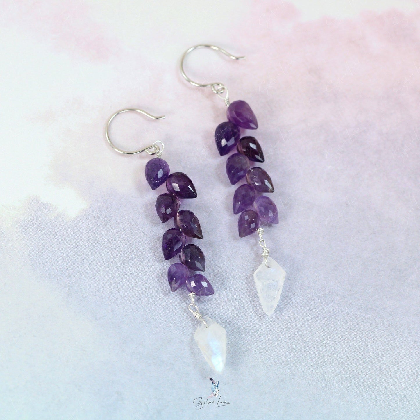 Teardrop Amethyst and arrow rainbow moonstone handmade earrings