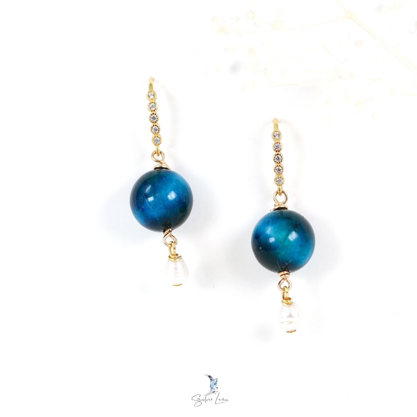 Tiger eye and pearl drop earrings in sterling silver