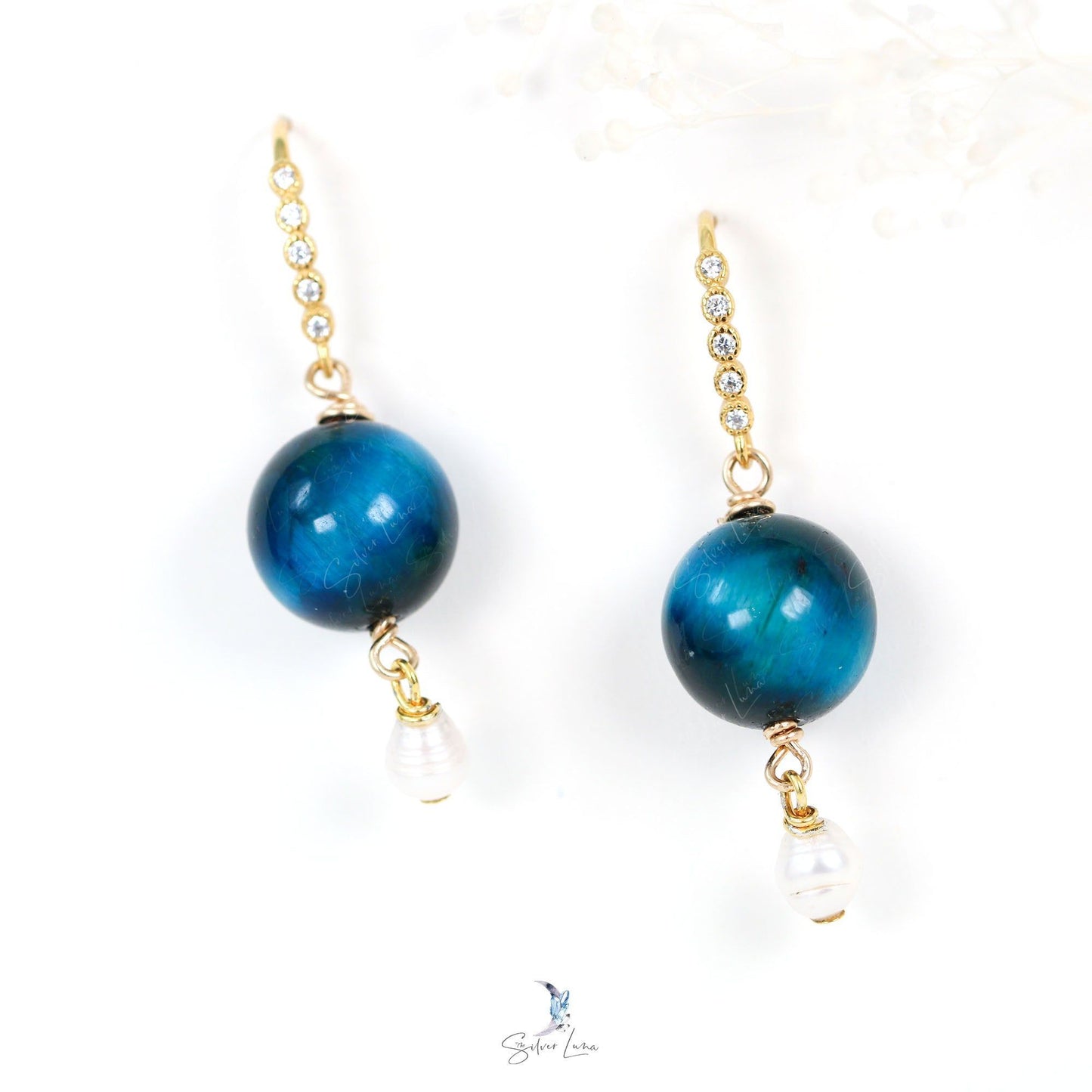 tiger eye pearl drop silver earrings