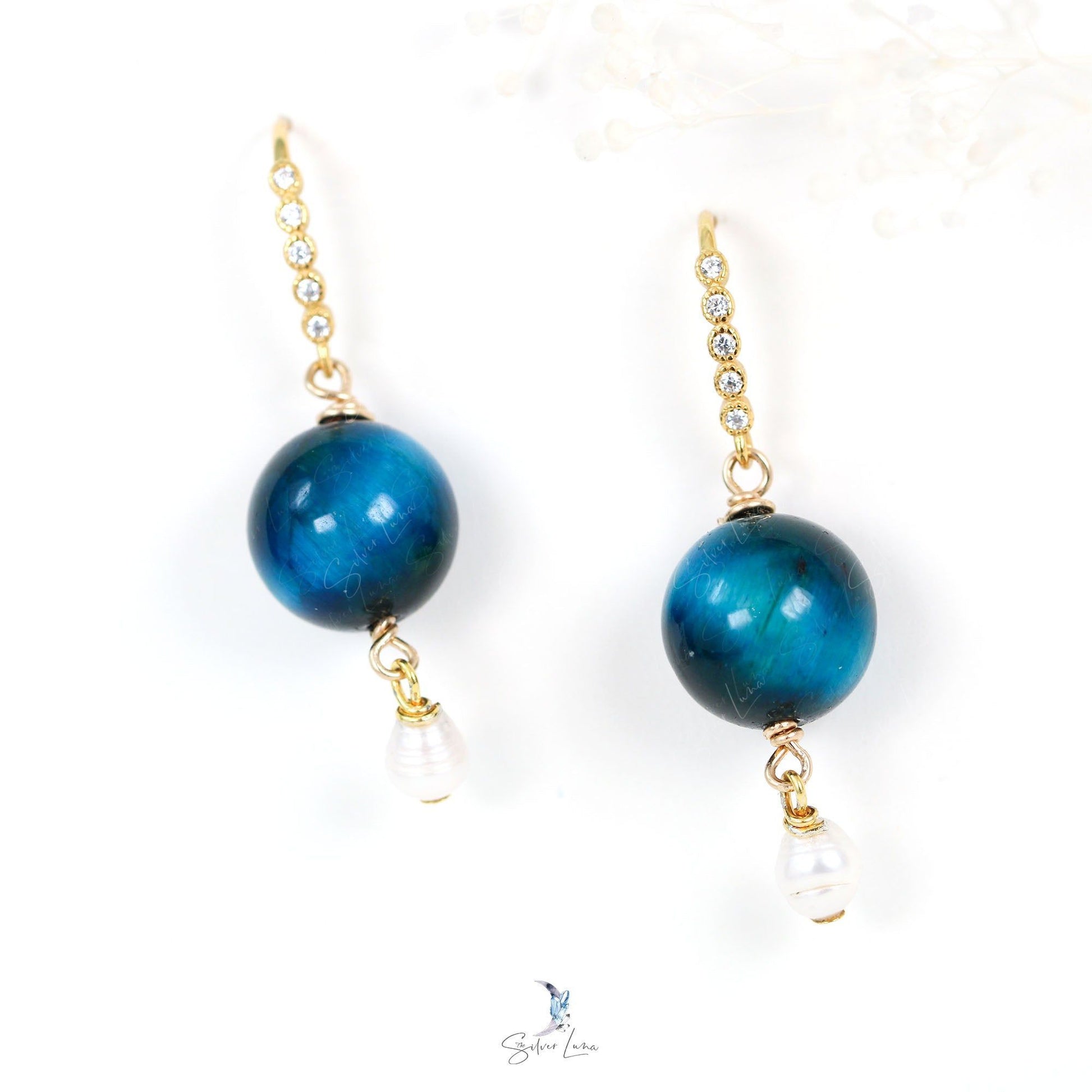 tiger eye pearl drop silver earrings