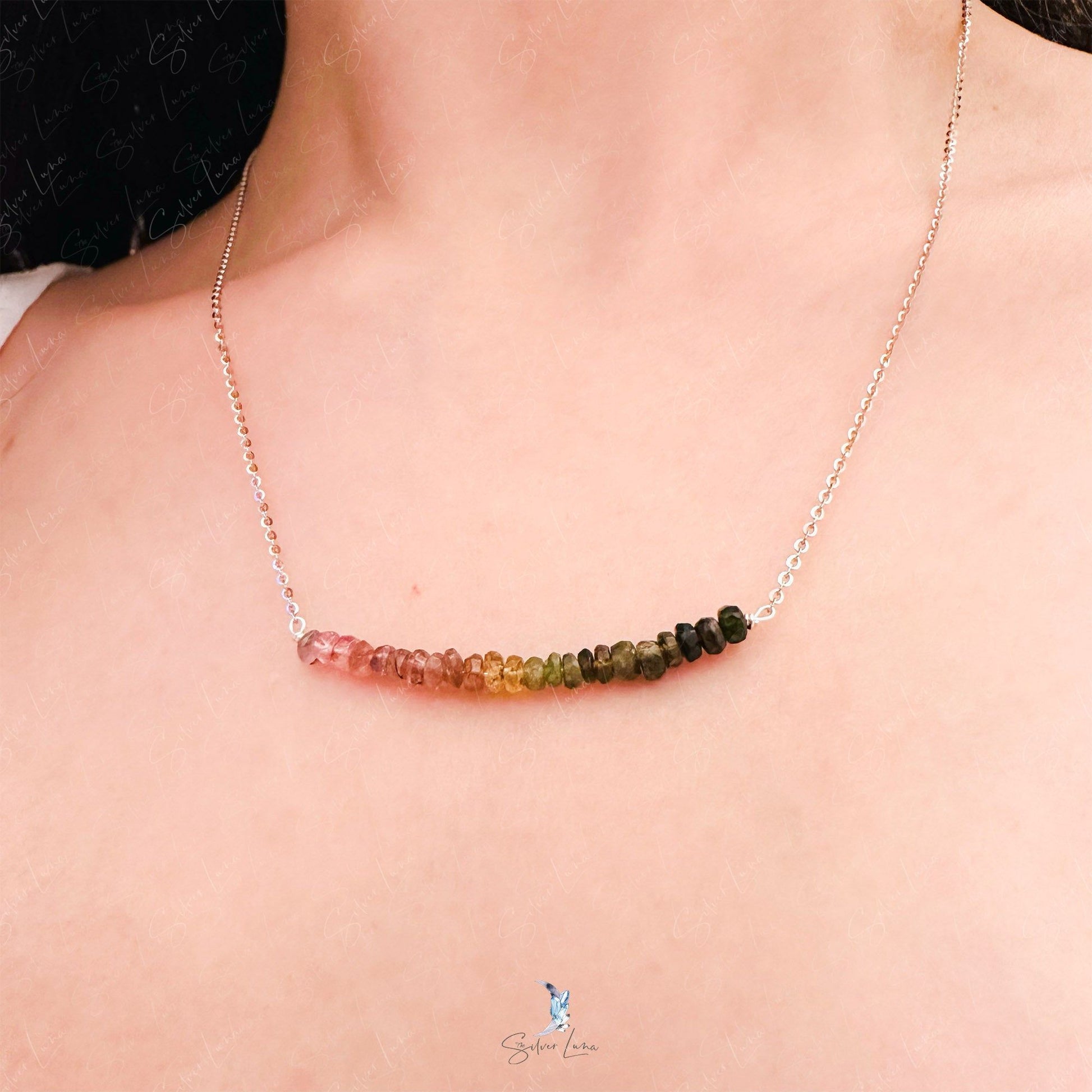rainbow tourmaline gemstone row pendant necklace