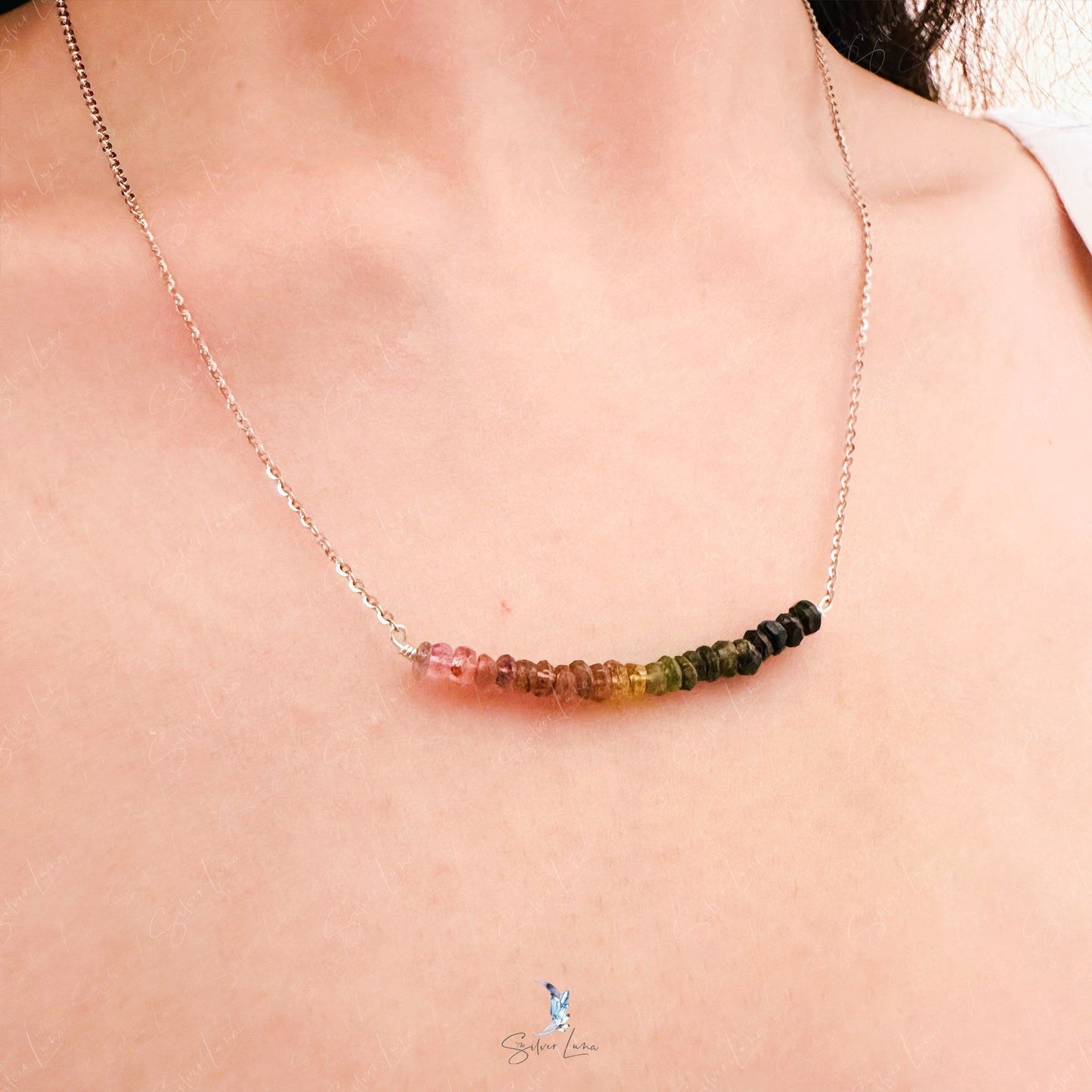 Rainbow Tourmaline beads gemstone row necklace