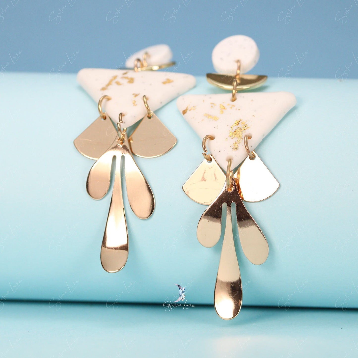 Abstract triangle clay metal dangle drop earrings