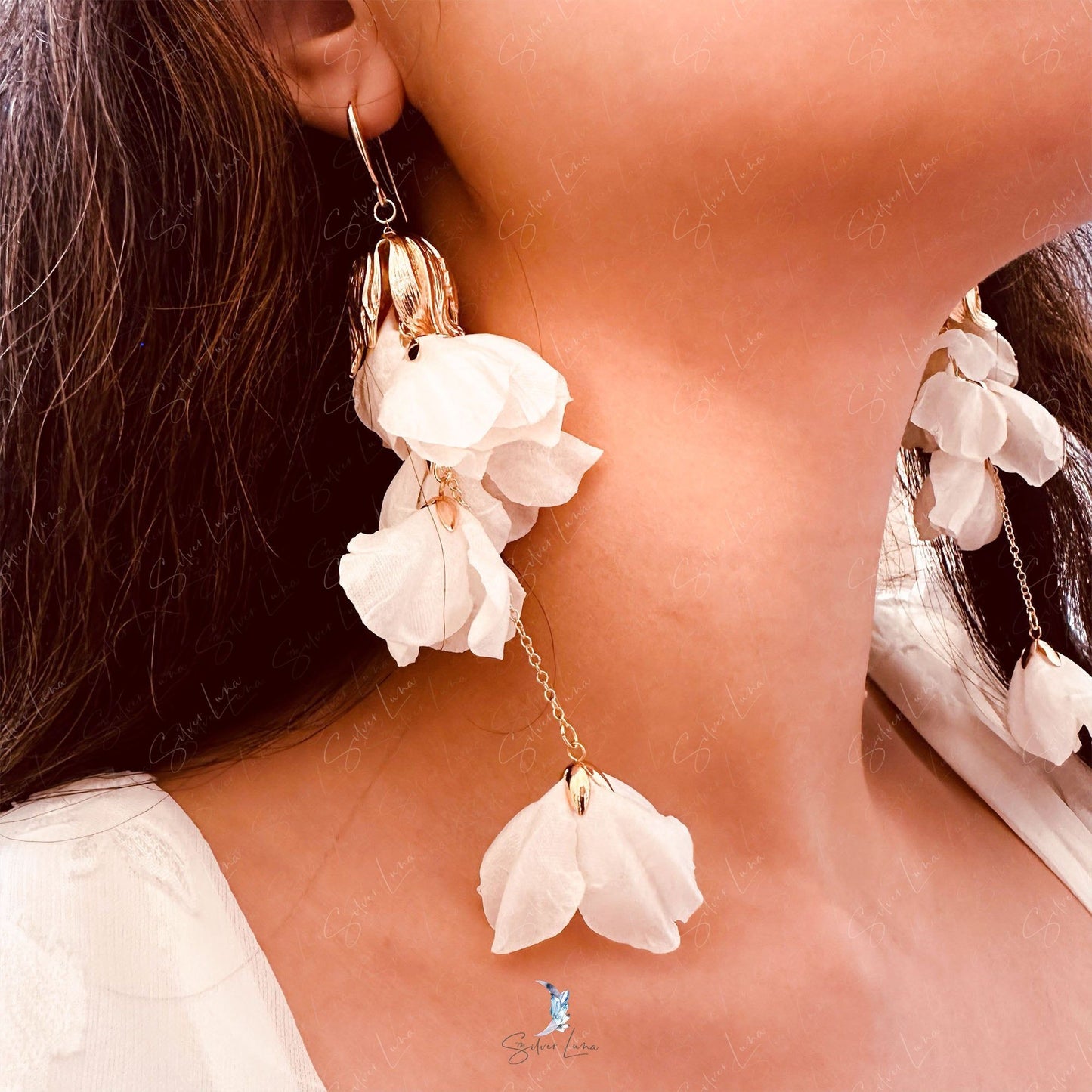 Gold plated fabric flower long drop fashion earrings