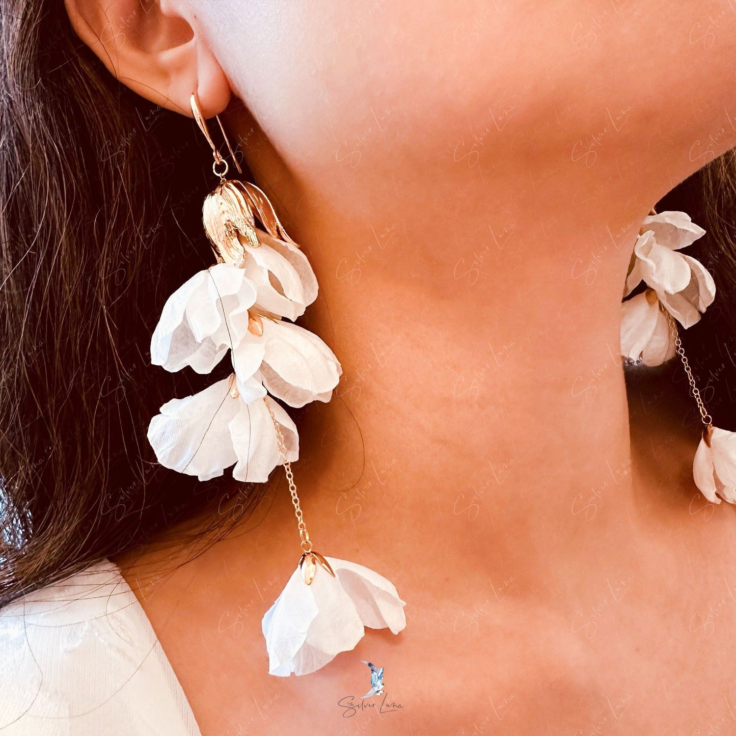 Gold plated fabric flower long drop fashion earrings