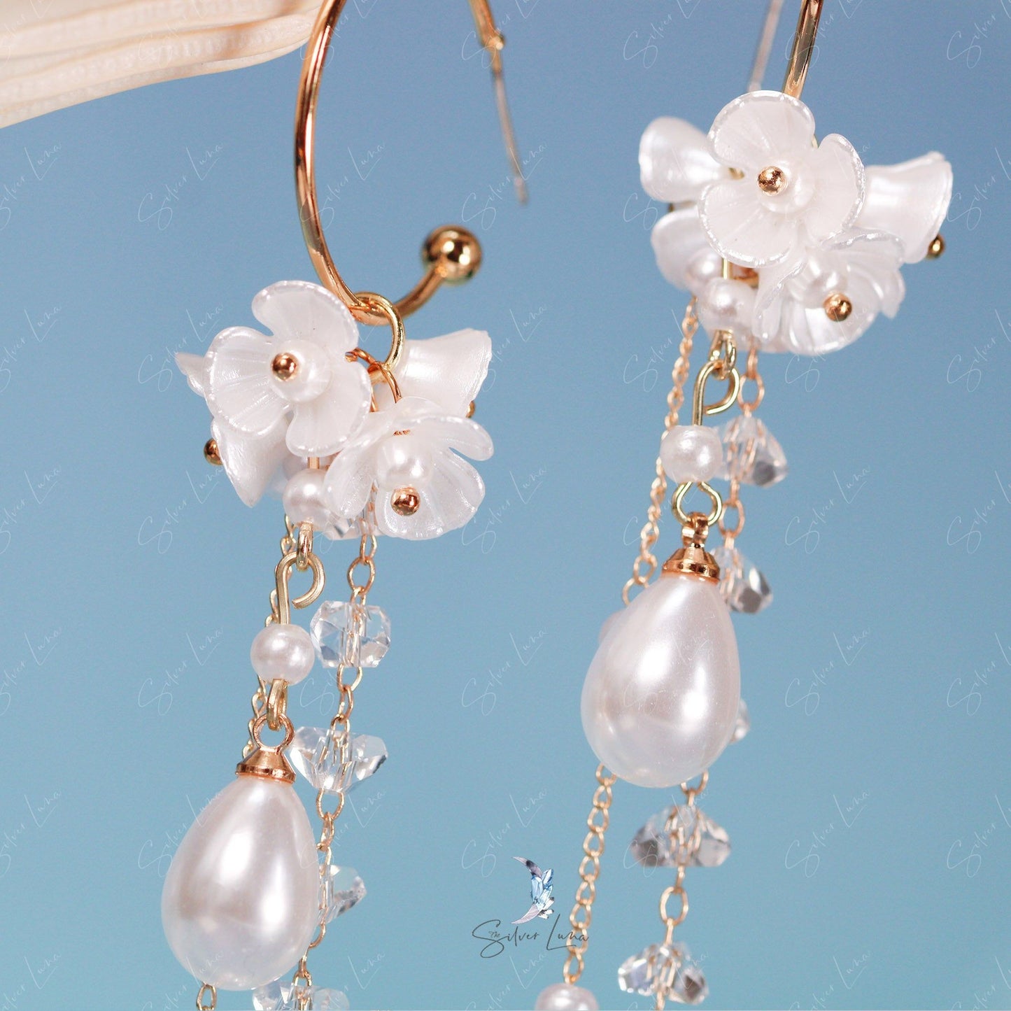 Pearl flower tassel long drop earrings