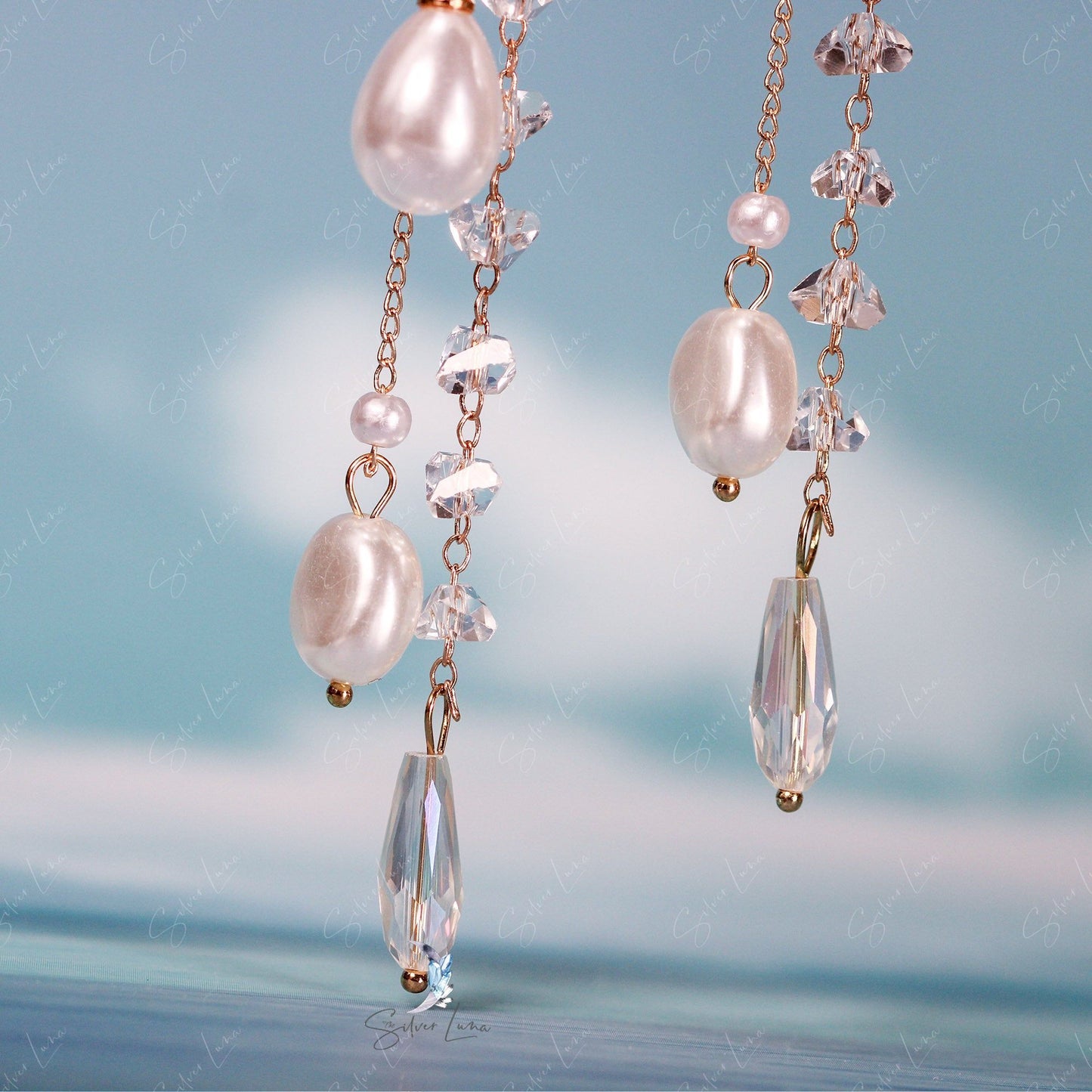 Pearl flower tassel long drop earrings