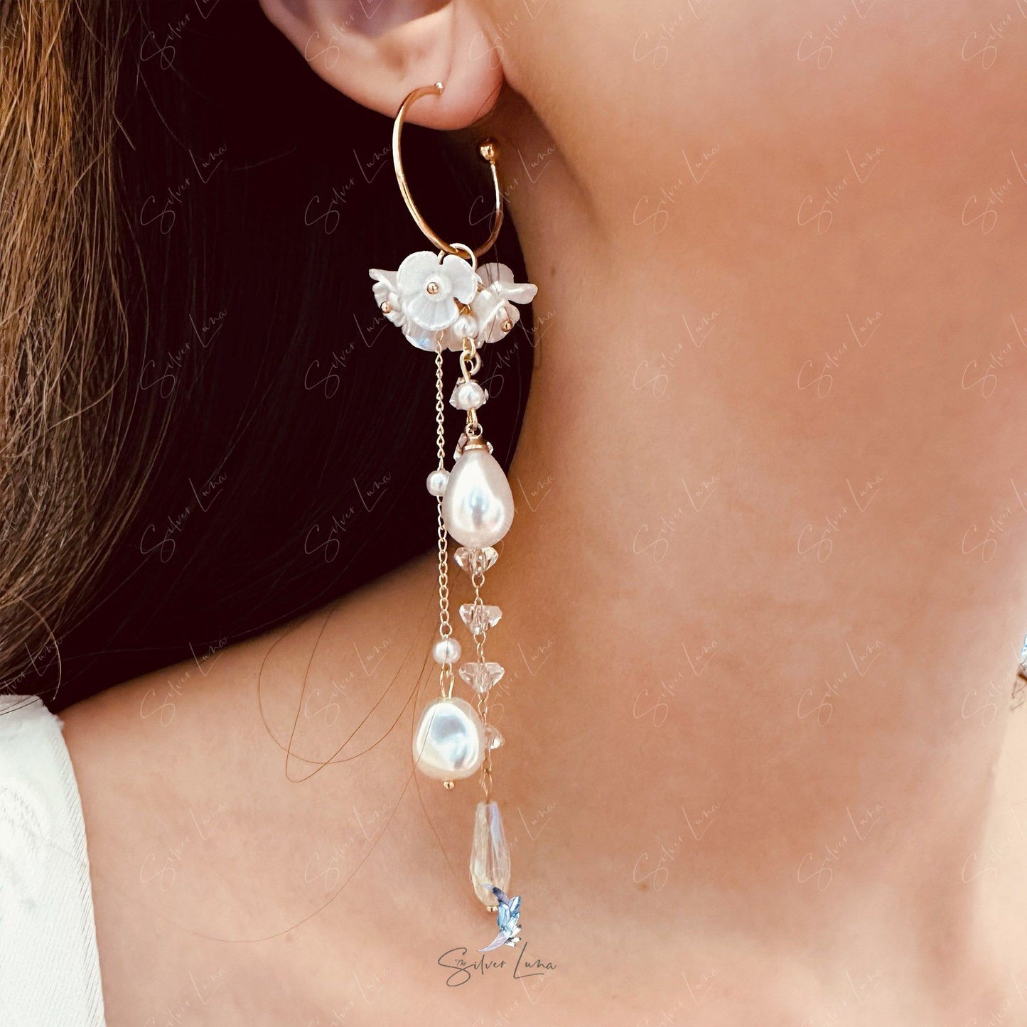 Pearl flower tassel long drop earrings