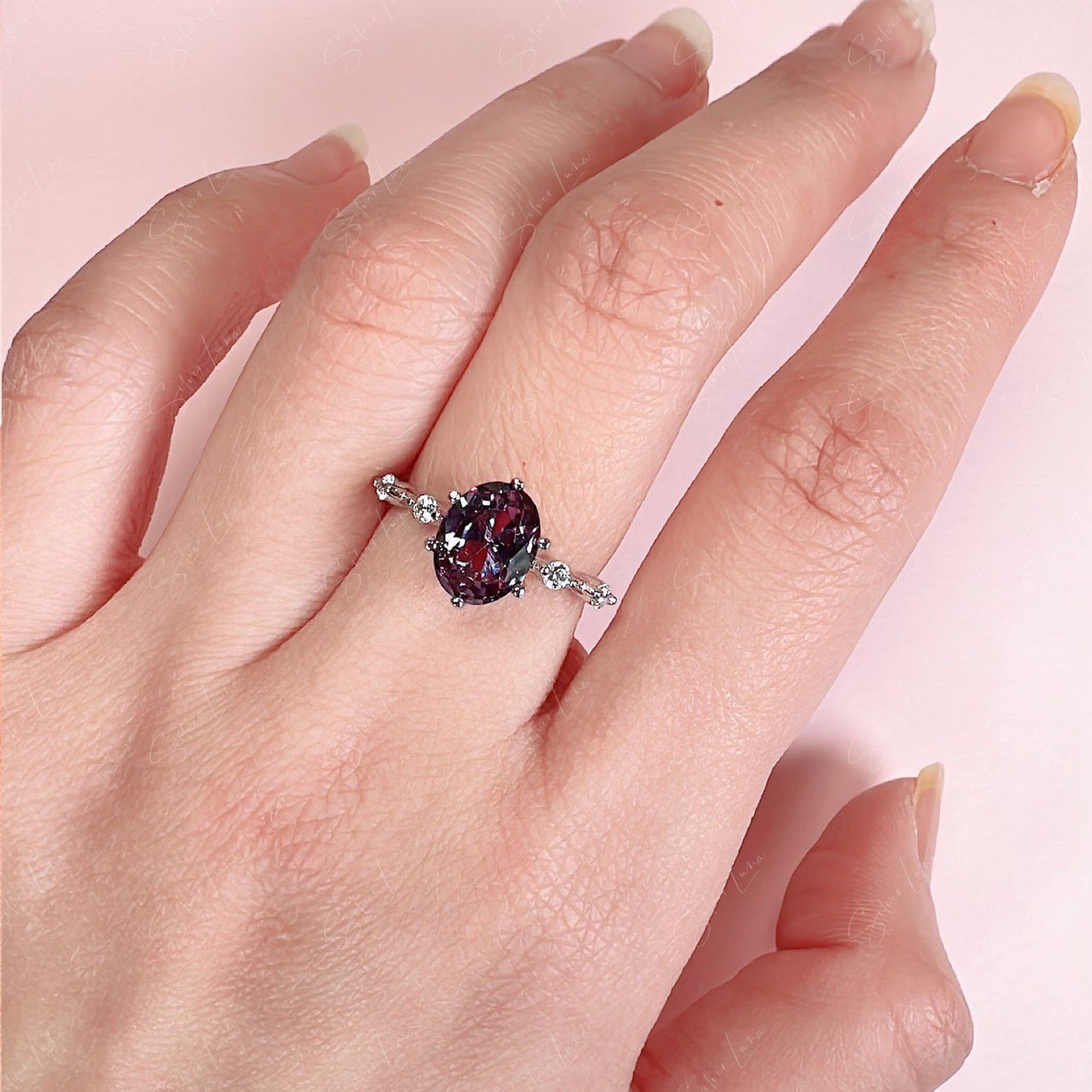 Oval Alexandrite engagement ring in sterling silver
