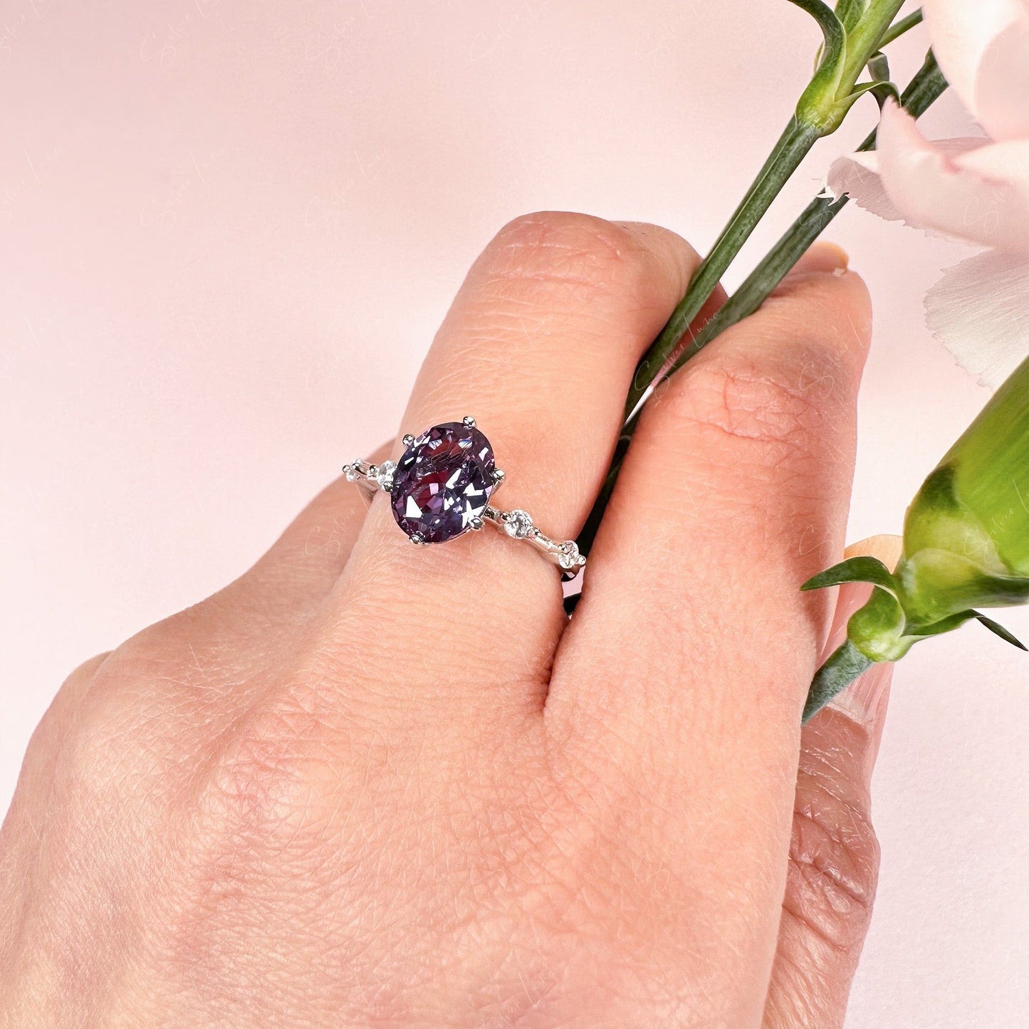 Oval Alexandrite engagement ring in sterling silver