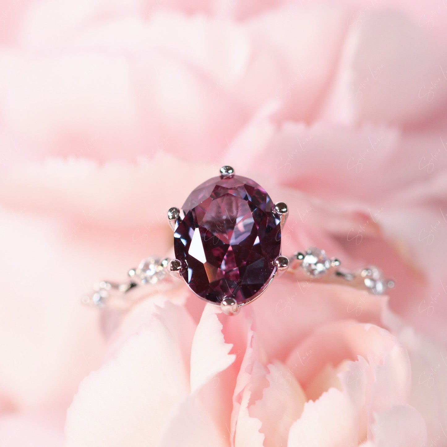 Oval Alexandrite engagement ring in sterling silver