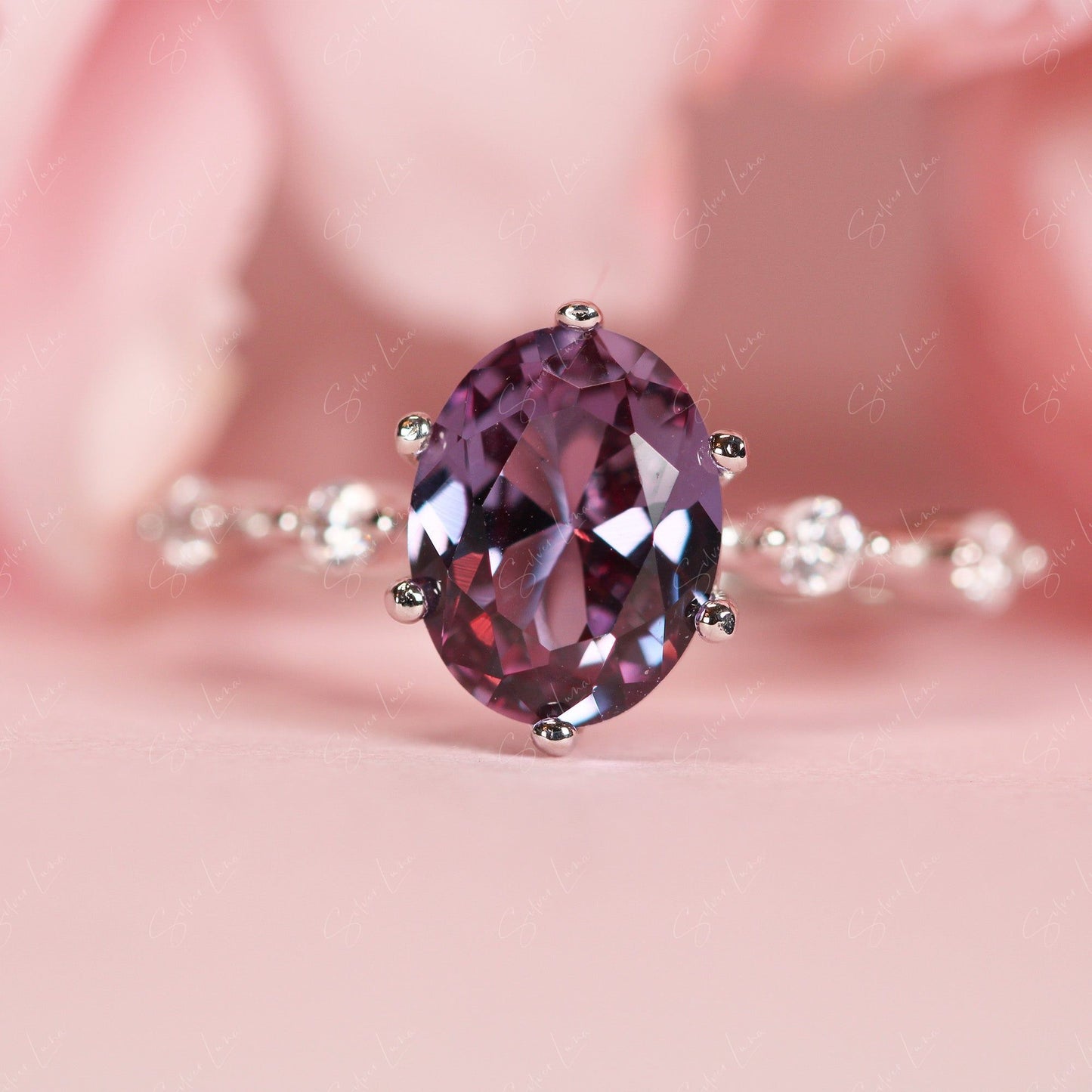 Oval Alexandrite engagement ring in sterling silver