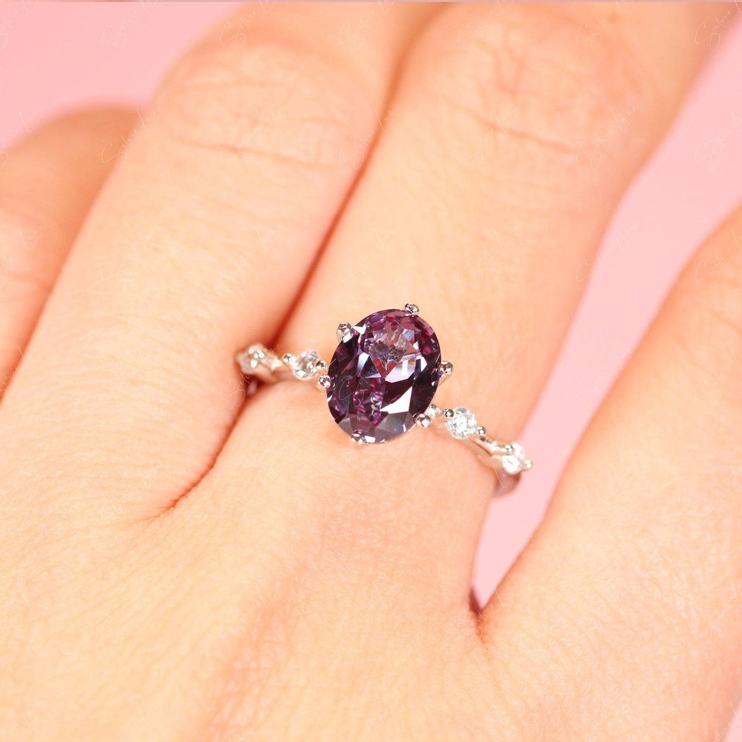Oval Alexandrite engagement ring in sterling silver