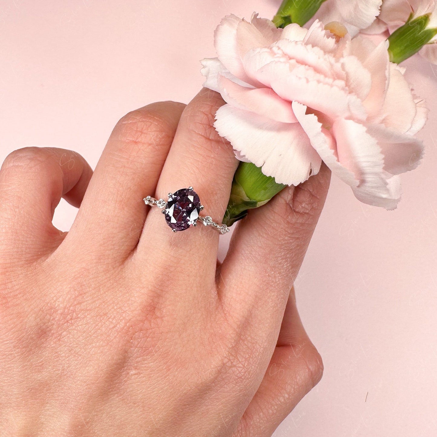 Oval Alexandrite engagement ring in sterling silver
