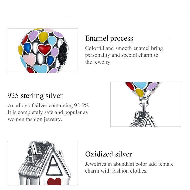 Heart balloon family house sterling silver charm